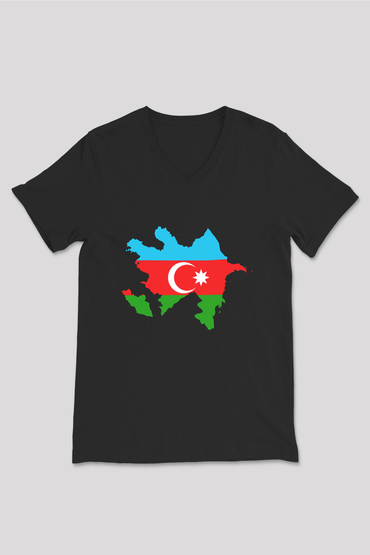Azerbaycan Siyah Unisex V Yaka Tişört T-Shirt