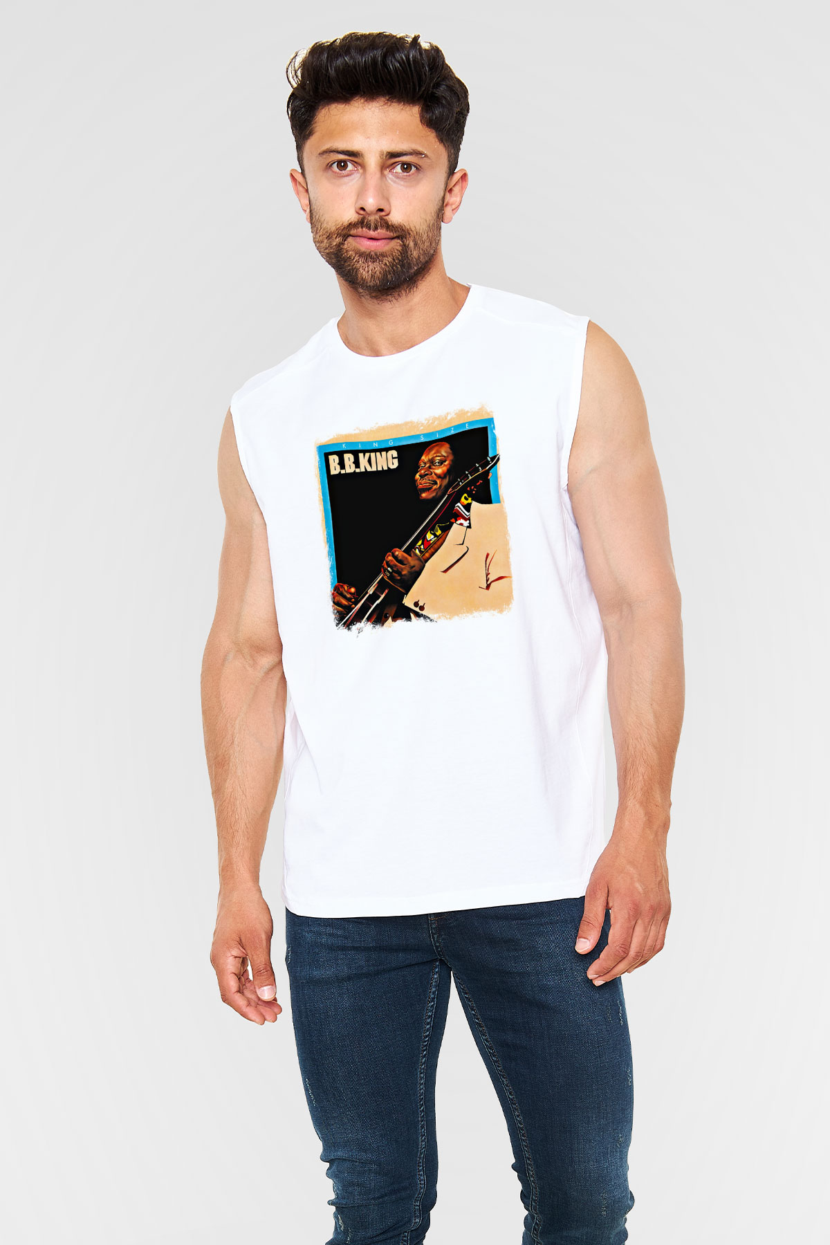 B.B. King Baskılı Unisex Beyaz Kolsuz Tişört