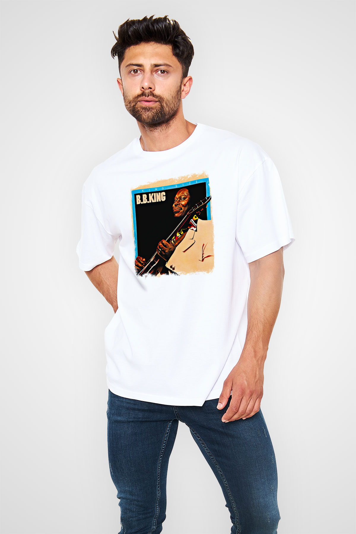 B.B. King Baskılı Unisex Beyaz Oversize Tişört