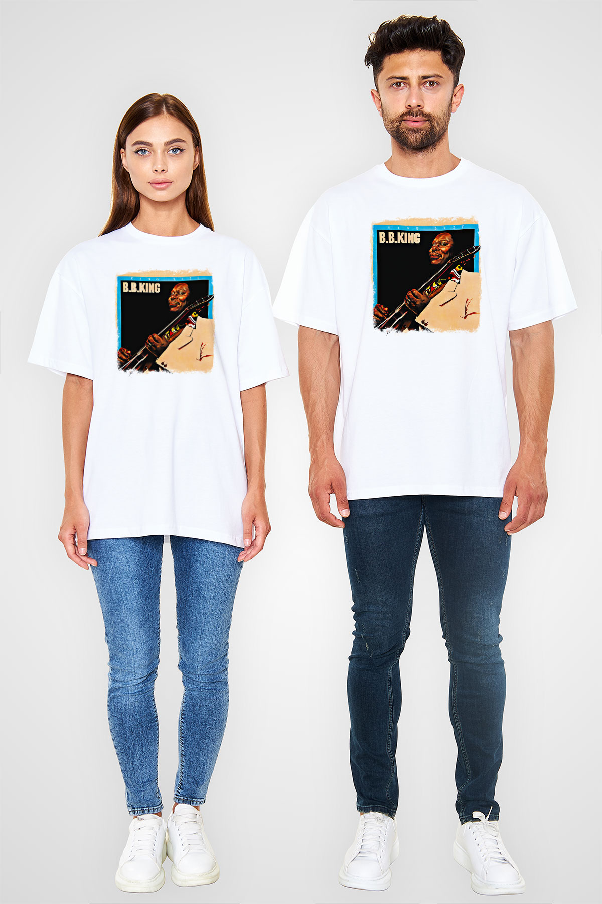 B.B. King Baskılı Unisex Beyaz Oversize Tişört