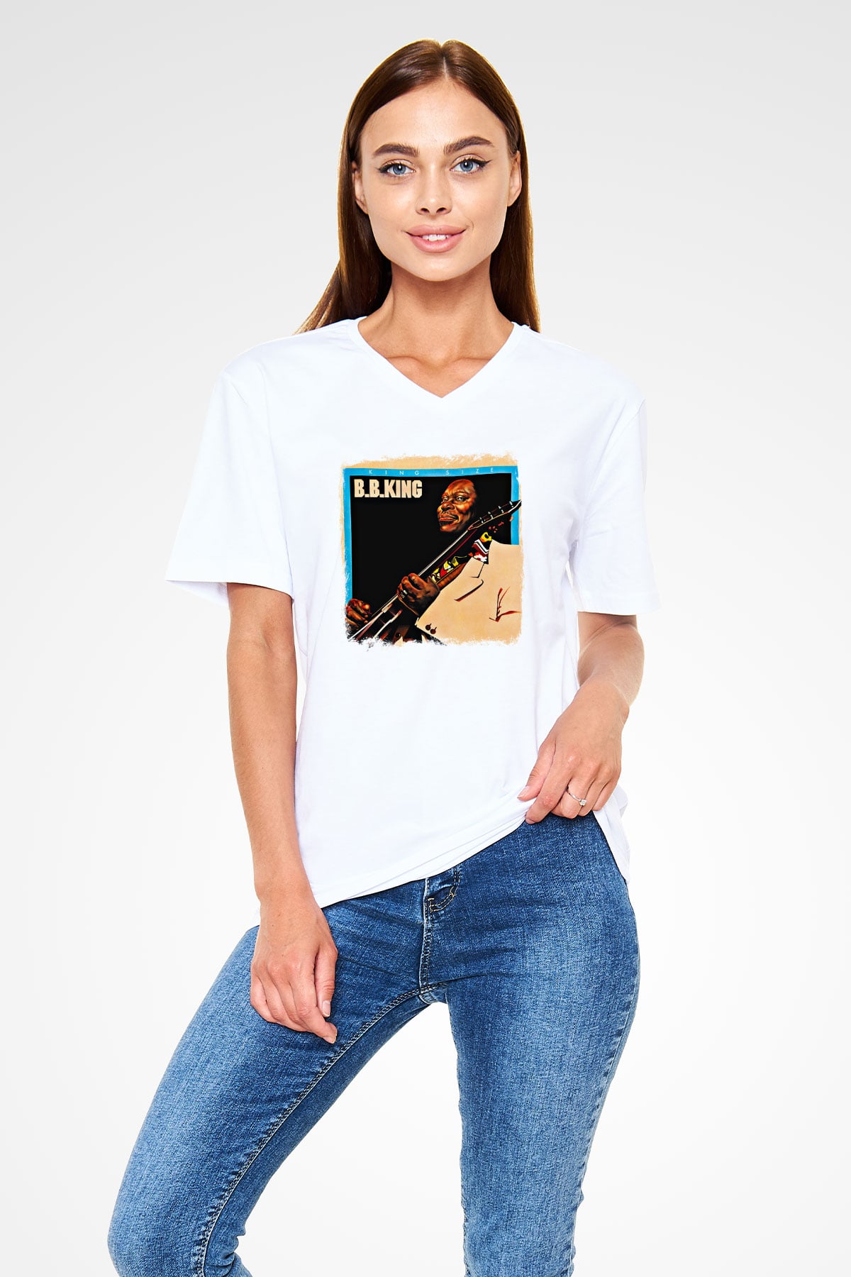 B.B. King Baskılı Unisex Beyaz V Yaka Tişört