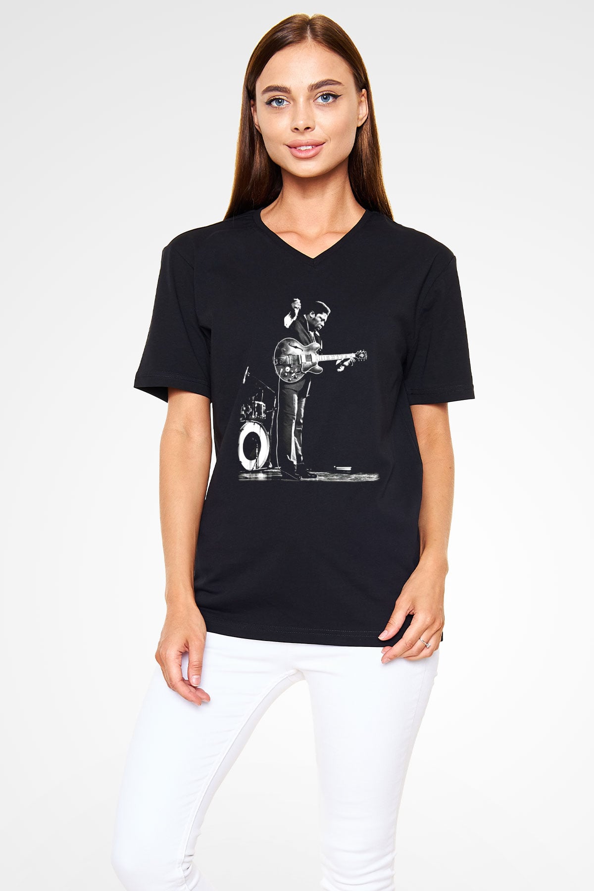 B.B. King Siyah Unisex V Yaka Tişört T-Shirt