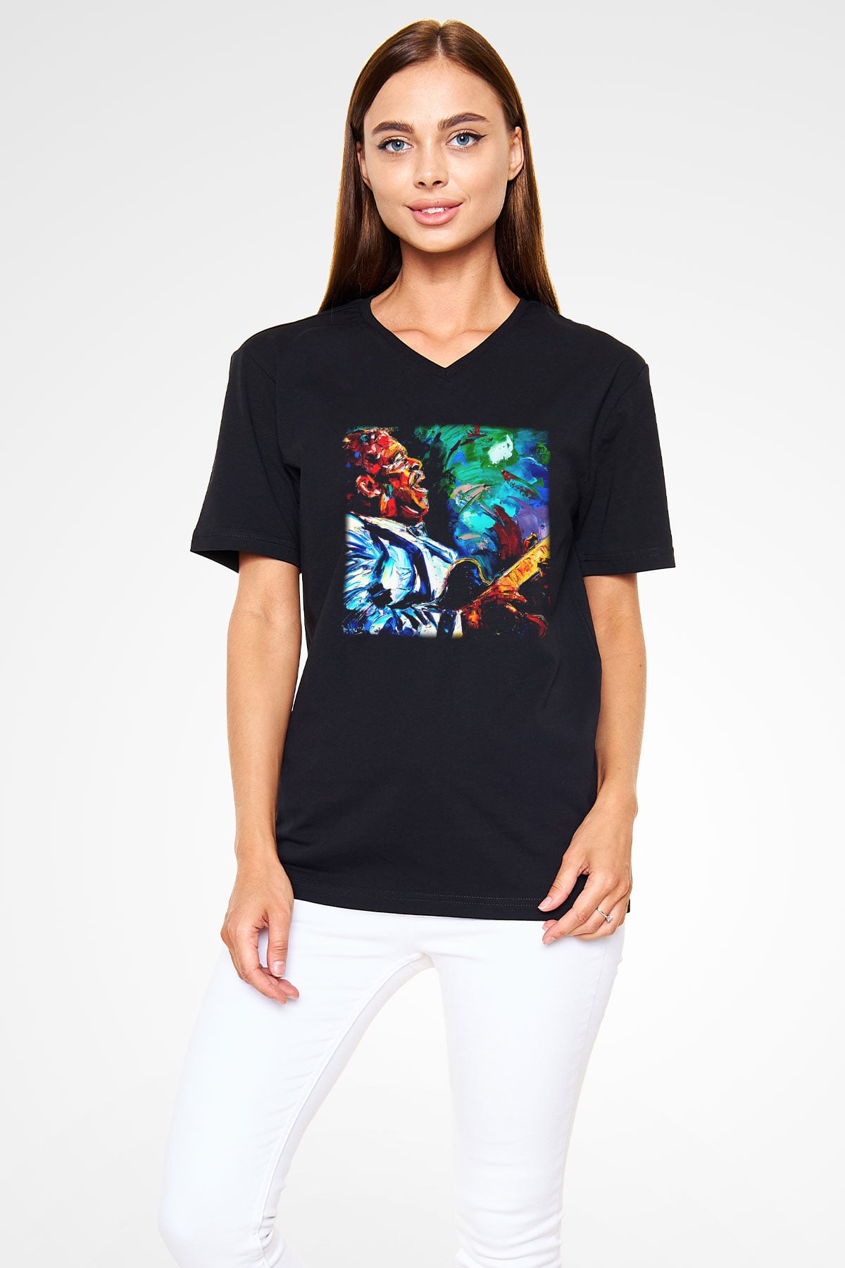 B.B. King Siyah Unisex V Yaka Tişört T-Shirt