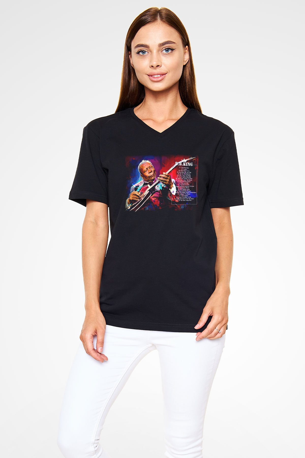 B.B. King Siyah Unisex V Yaka Tişört T-Shirt