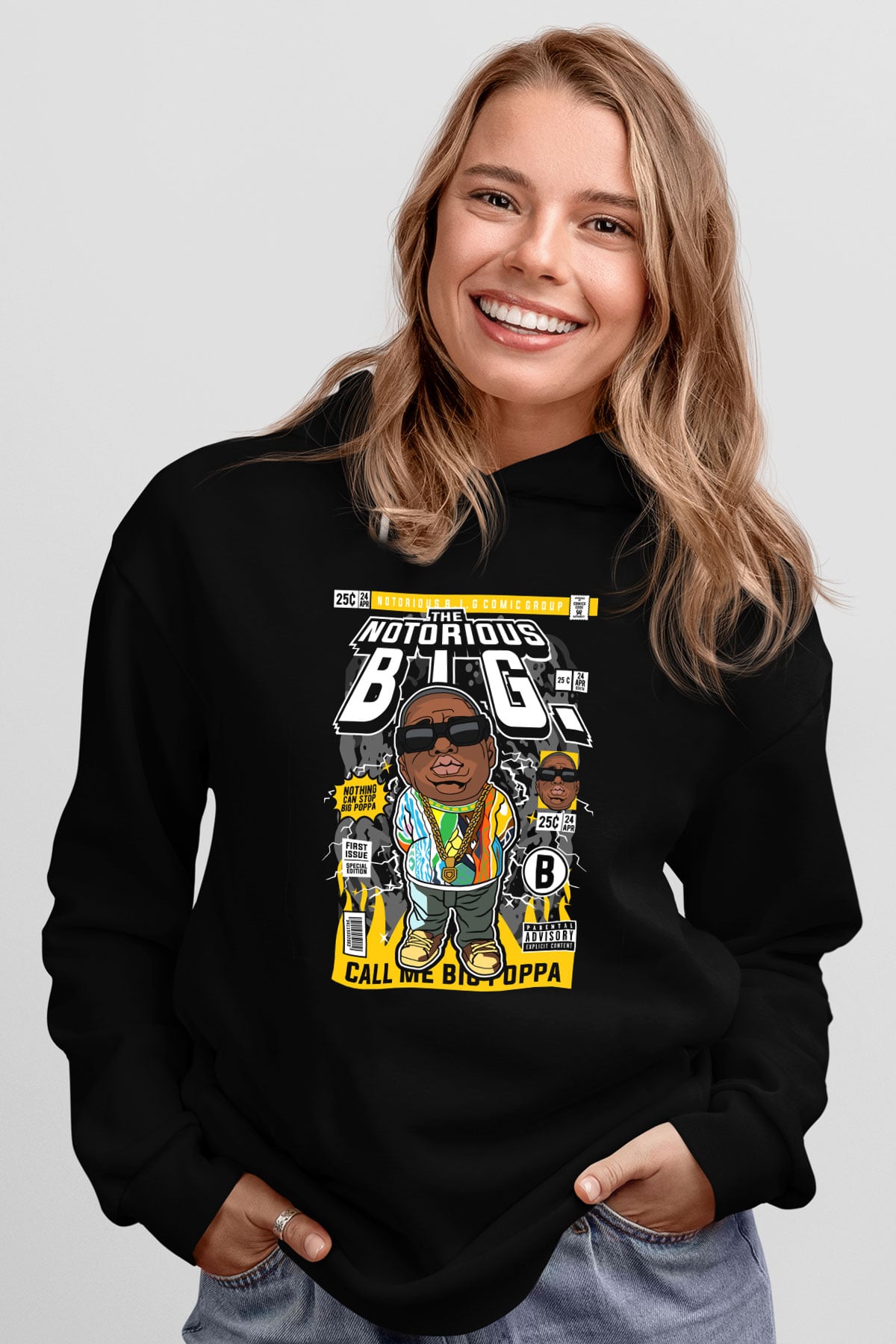 B.I.G Baskılı Unisex Siyah Hoodie