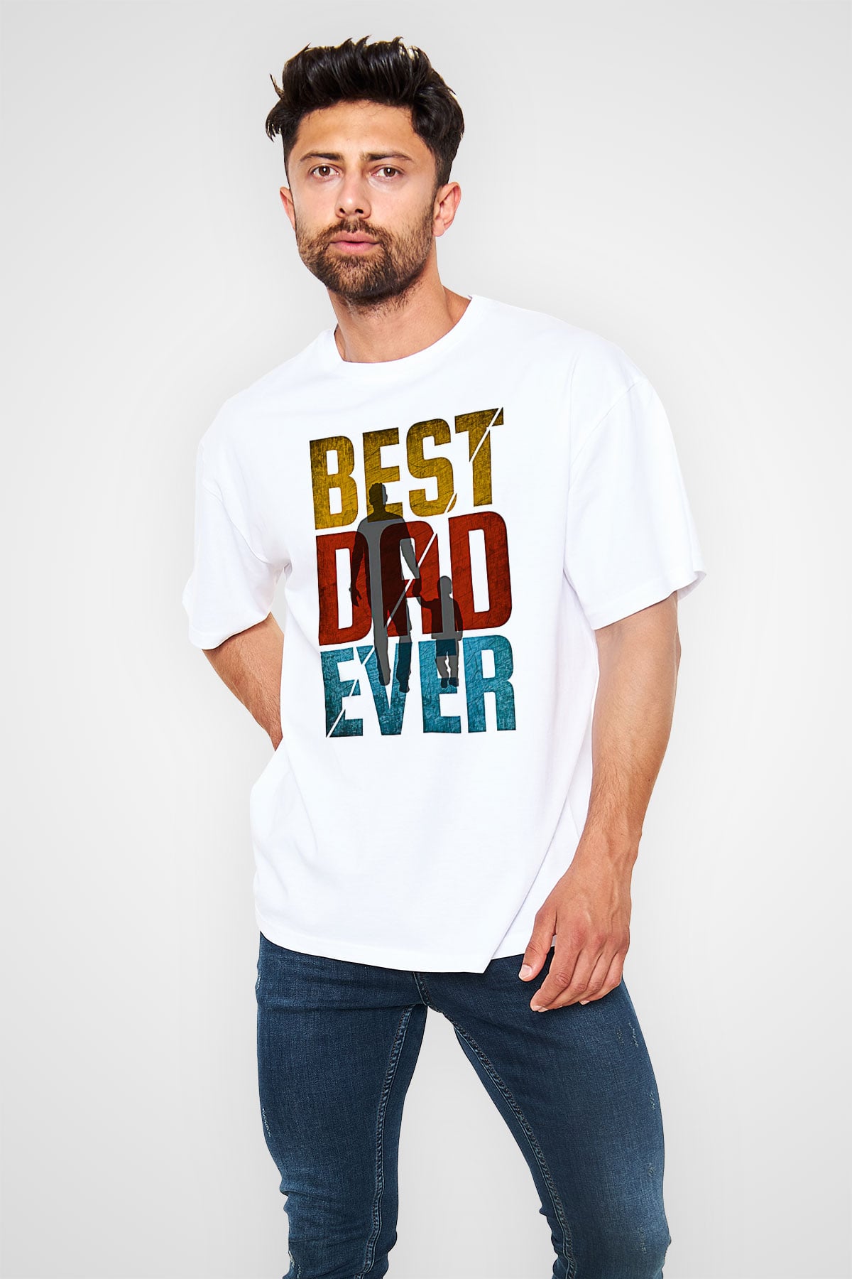 Babalar Günü Baskılı Beyaz Unisex Oversize Tişört - Tshirt