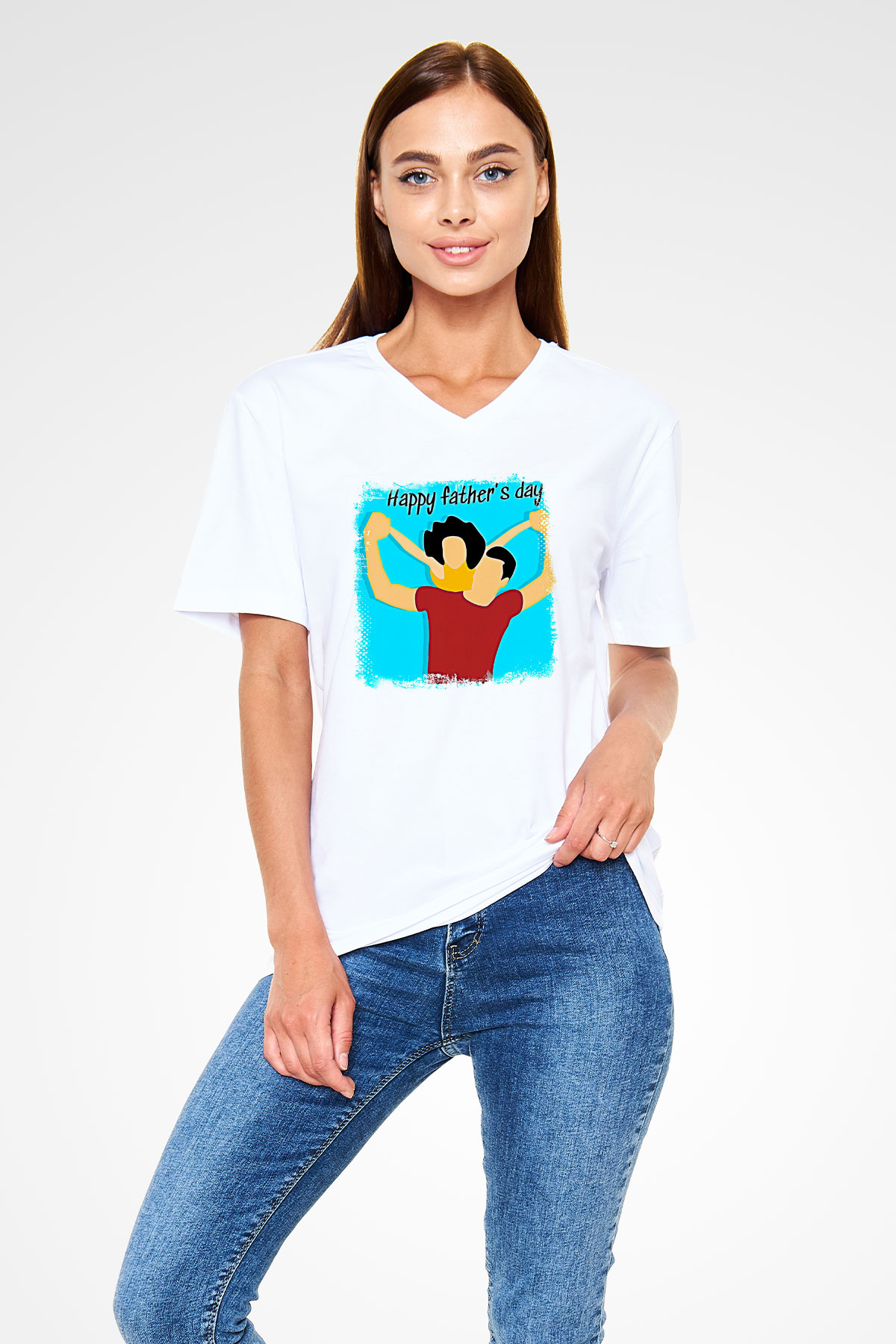 Babalar Günü Baskılı Beyaz Unisex V Yaka Tişört - Tshirt