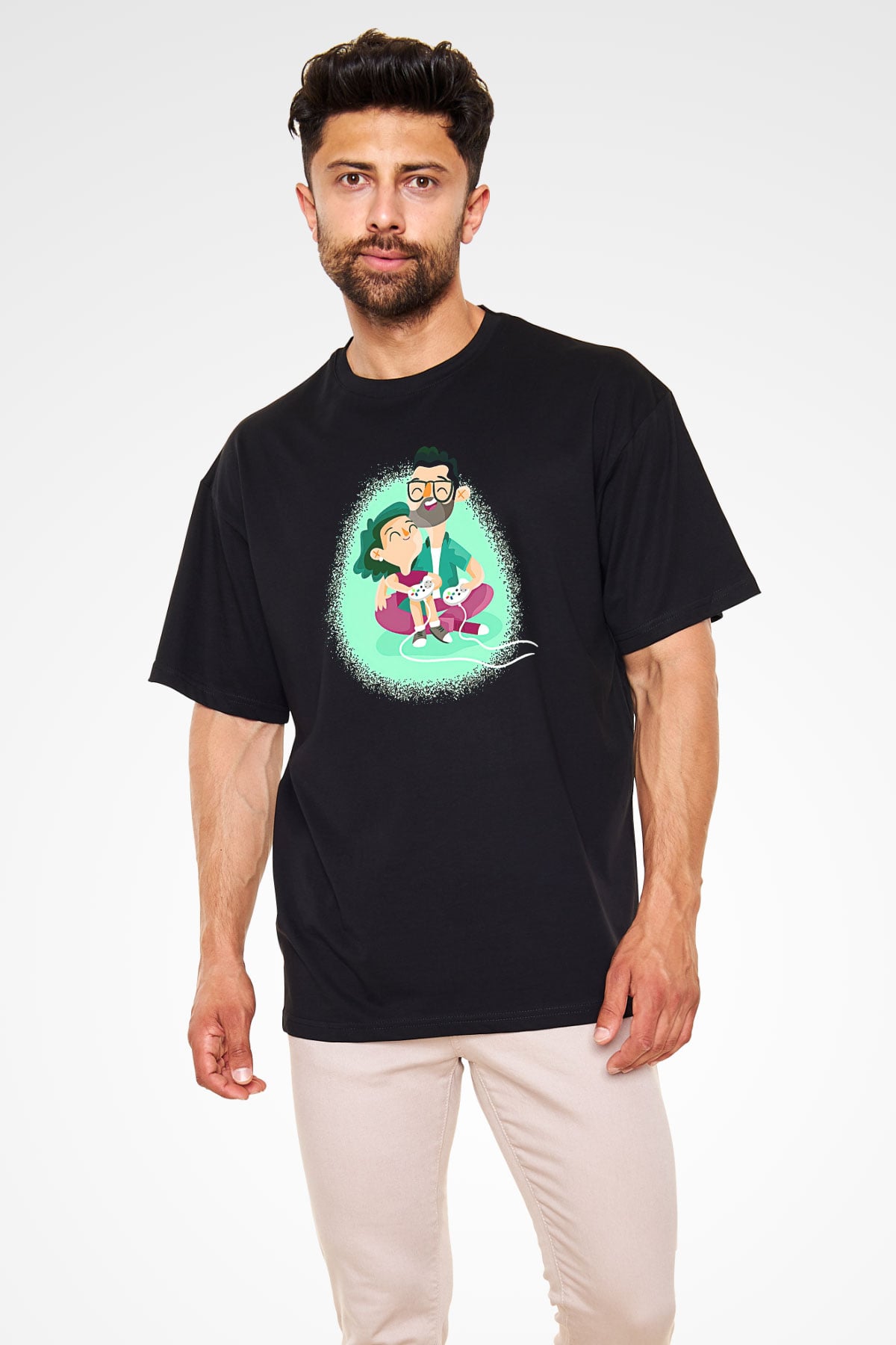 Babalar Günü Baskılı Unisex Siyah Oversize Tişört - Tshirt