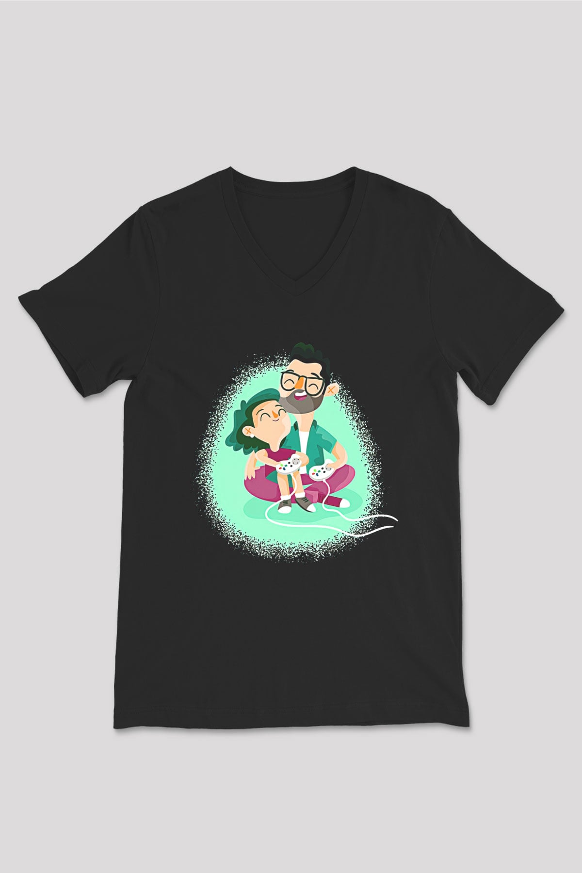 Babalar Günü Baskılı Unisex Siyah V Yaka Tişört - Tshirt