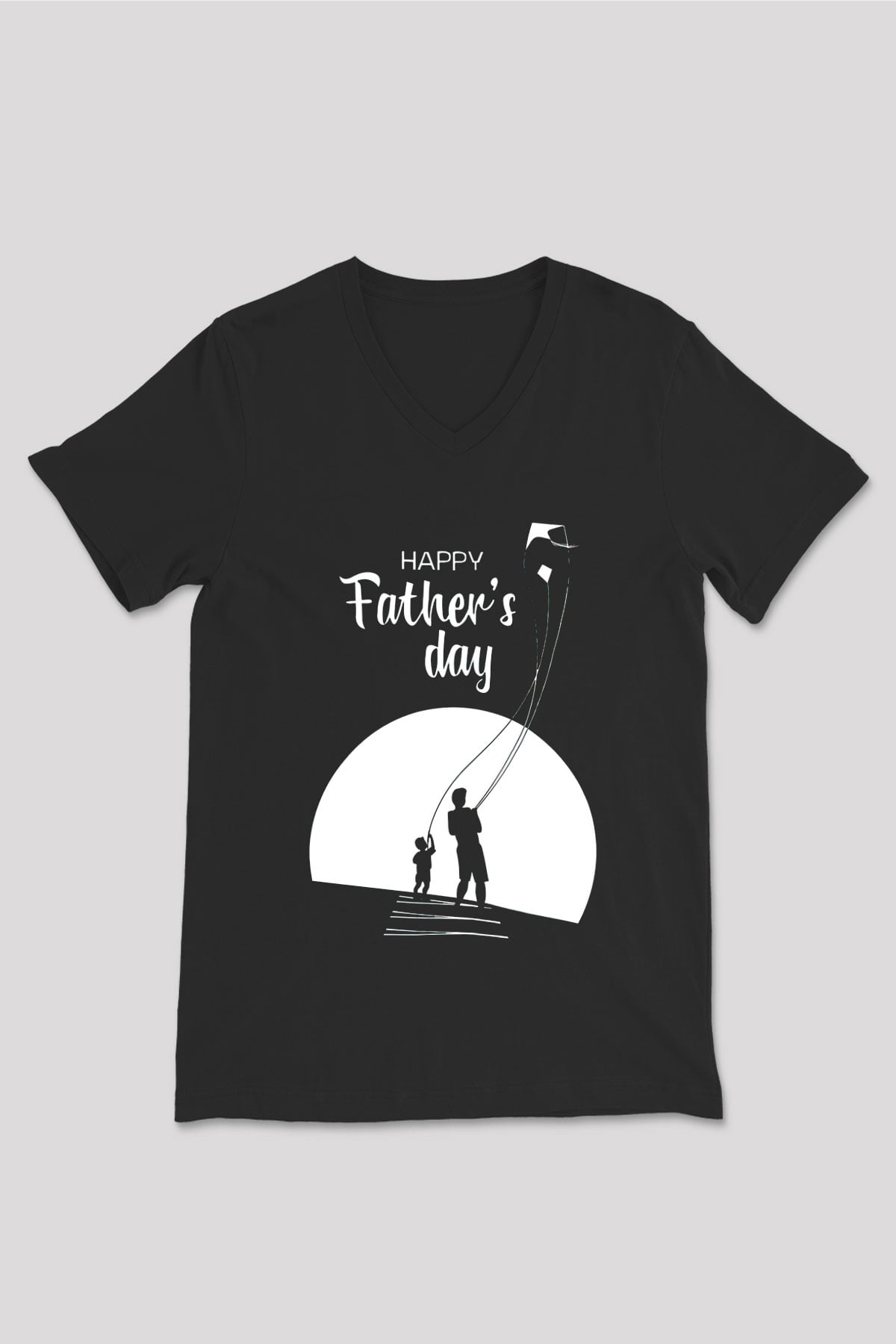 Babalar Günü Baskılı Unisex Siyah V Yaka Tişört - Tshirt
