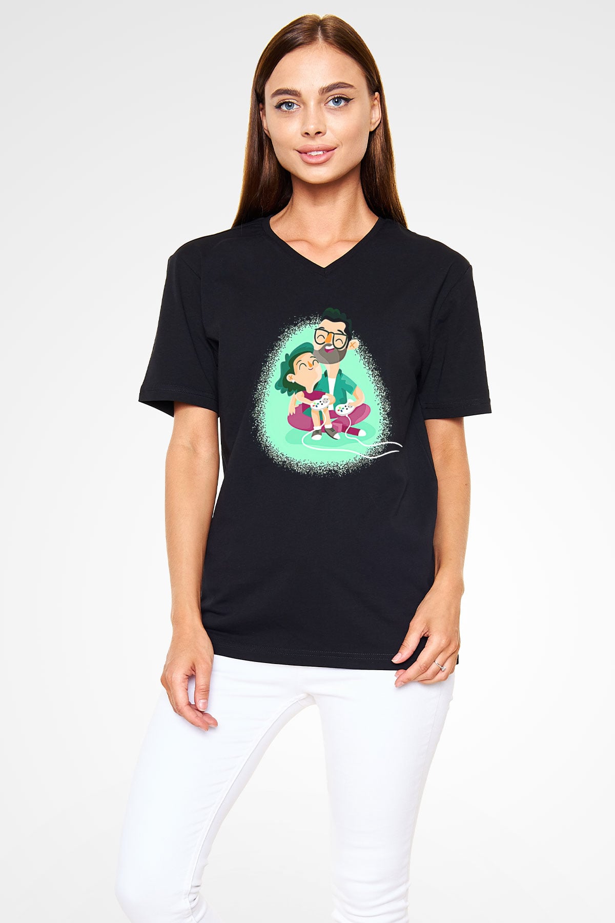 Babalar Günü Baskılı Unisex Siyah V Yaka Tişört - Tshirt