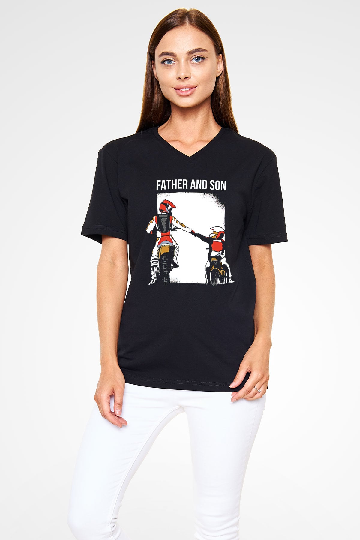 Babalar Günü Baskılı Unisex Siyah V Yaka Tişört - Tshirt