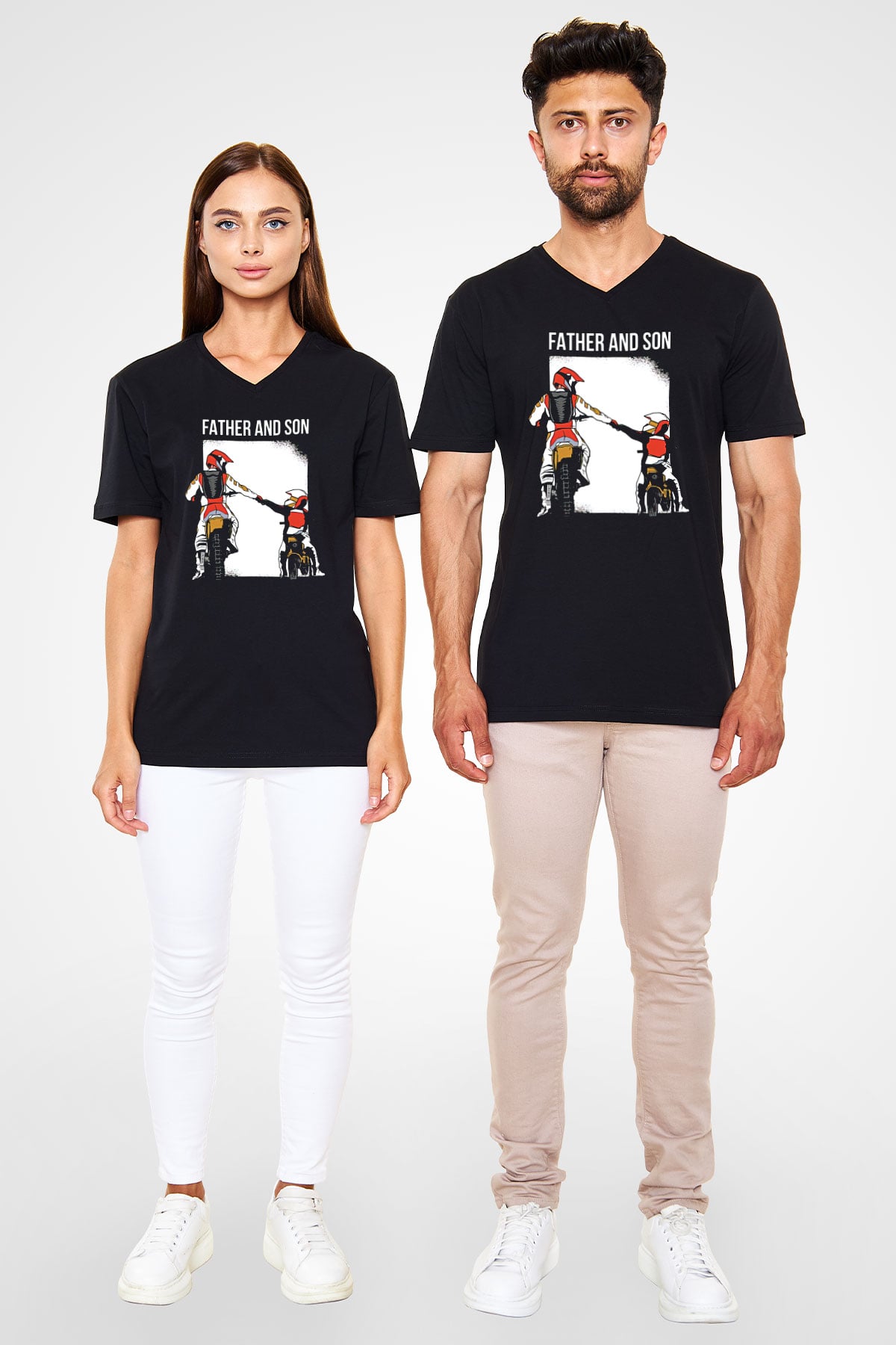 Babalar Günü Baskılı Unisex Siyah V Yaka Tişört - Tshirt
