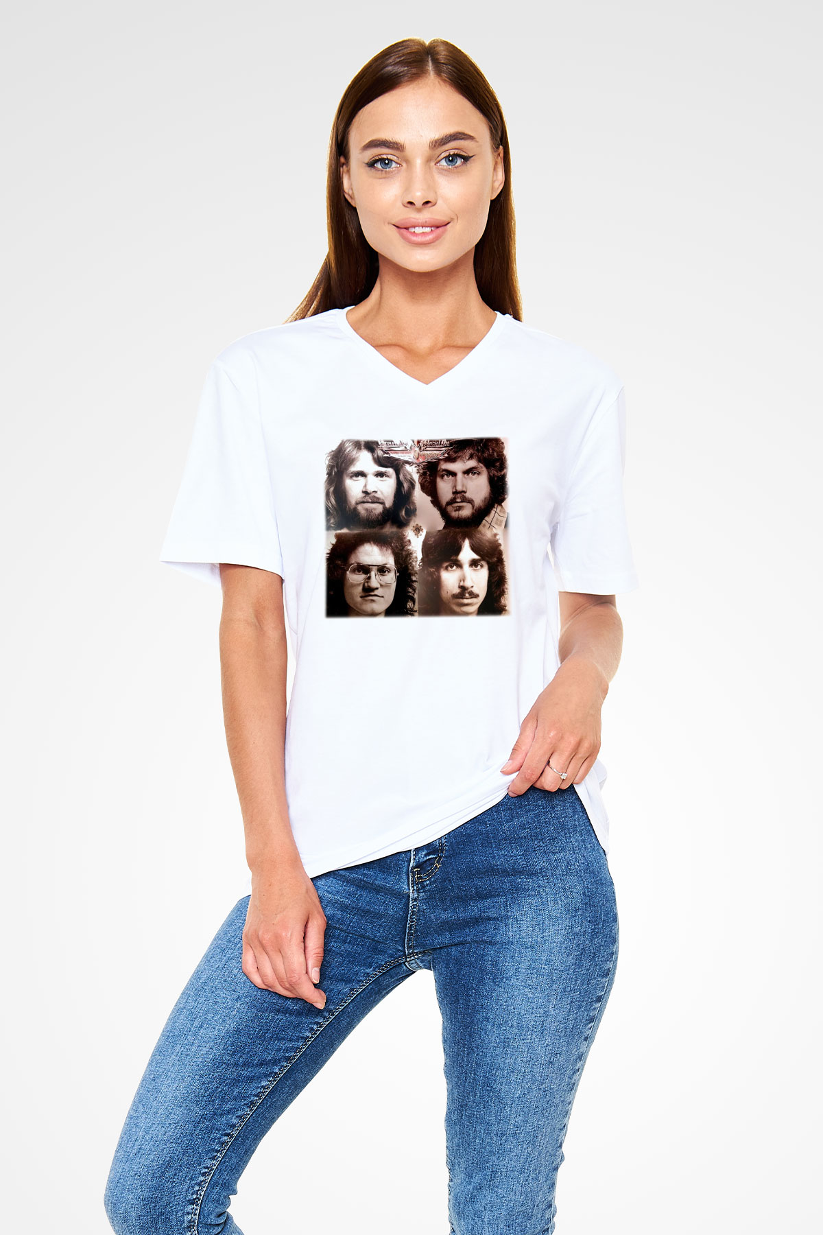 Bachman-Turner Overdrive Beyaz Unisex V Yaka Tişört T-Shirt