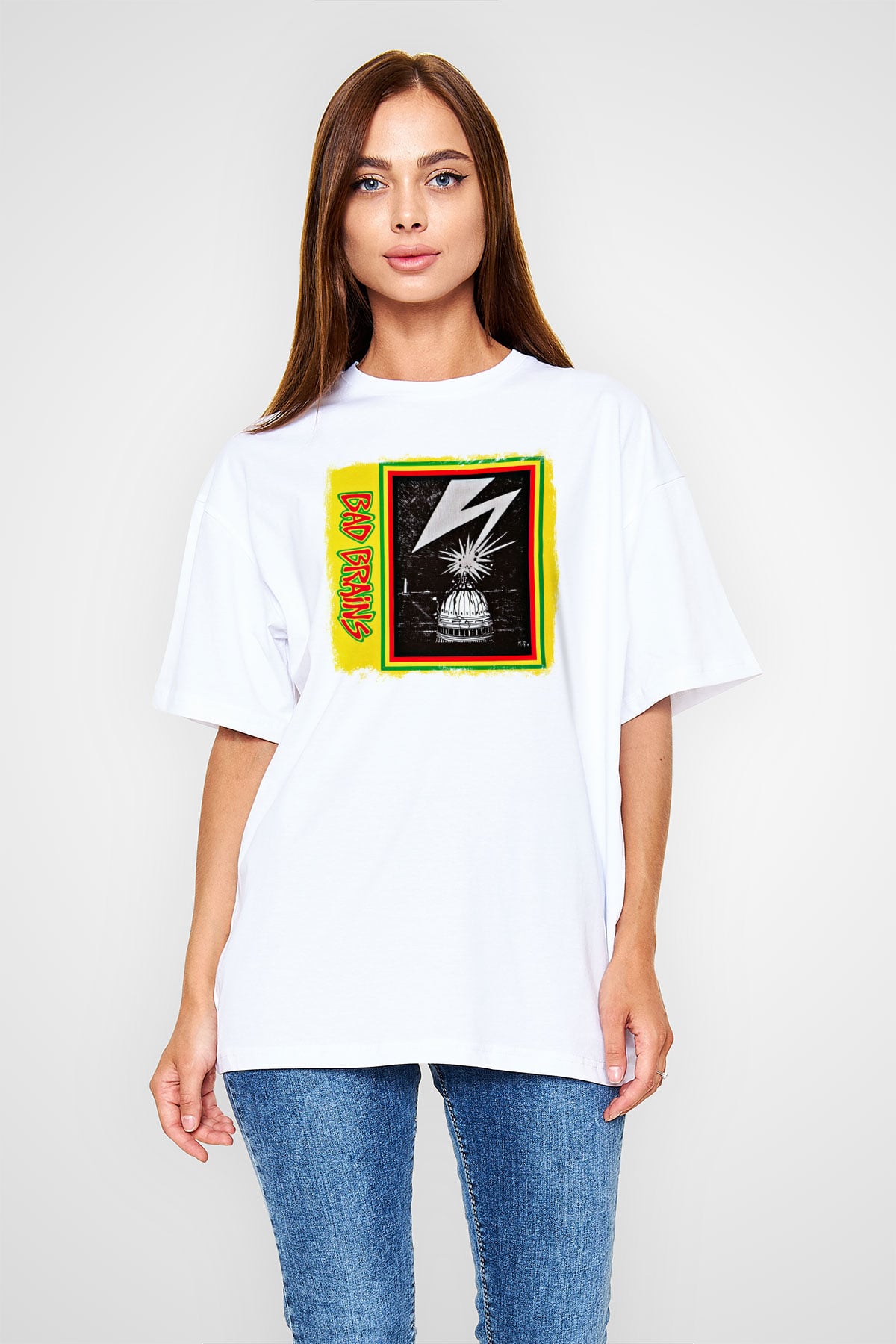 Bad Brains Baskılı Unisex Beyaz Oversize Tişört