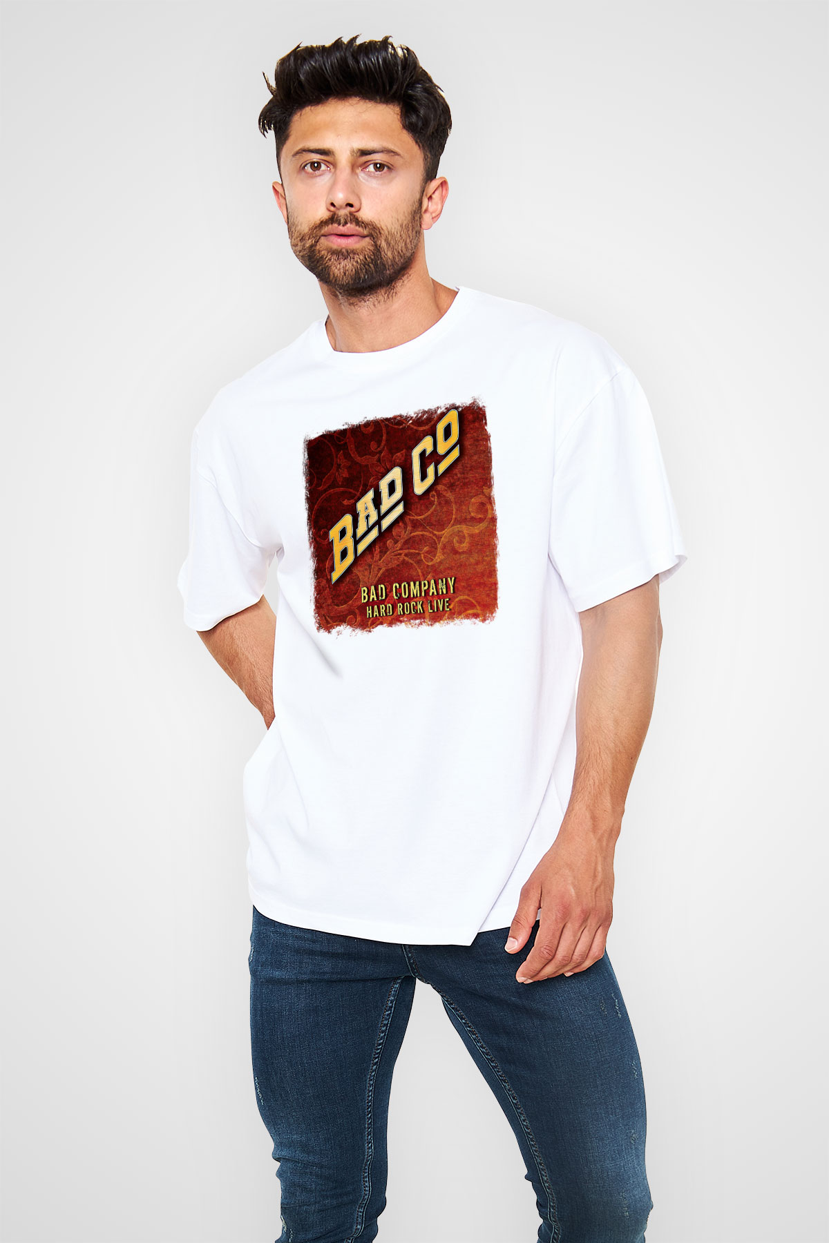 Bad Company Baskılı Unisex Beyaz Oversize Tişört