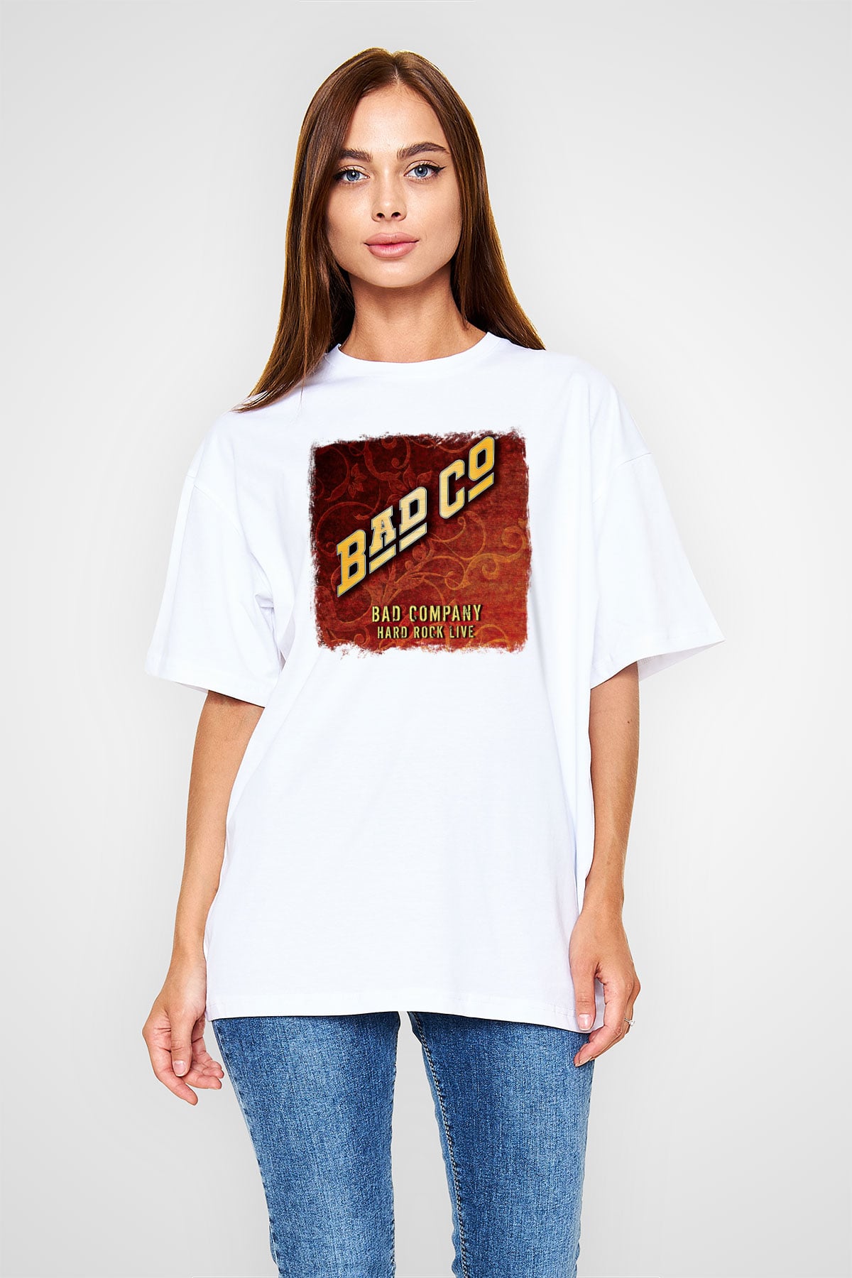 Bad Company Baskılı Unisex Beyaz Oversize Tişört