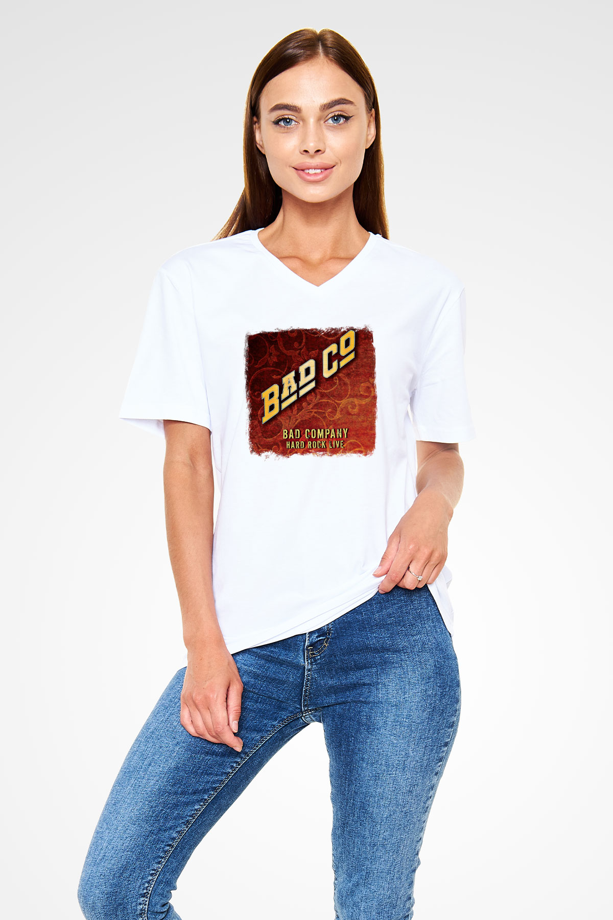 Bad Company Baskılı Unisex Beyaz V Yaka Tişört