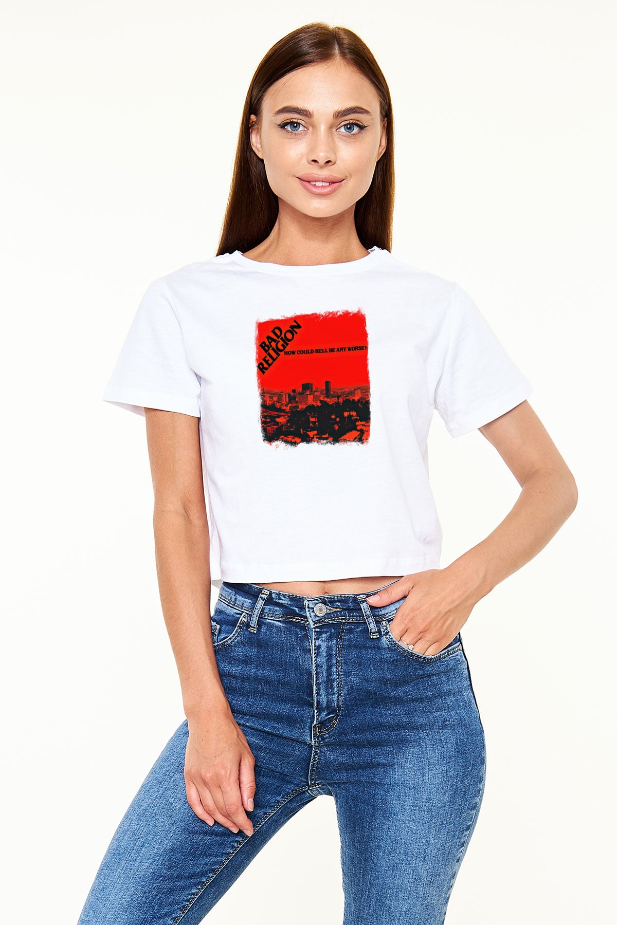 Bad Religion Baskılı Unisex Beyaz Crop Top Tişört