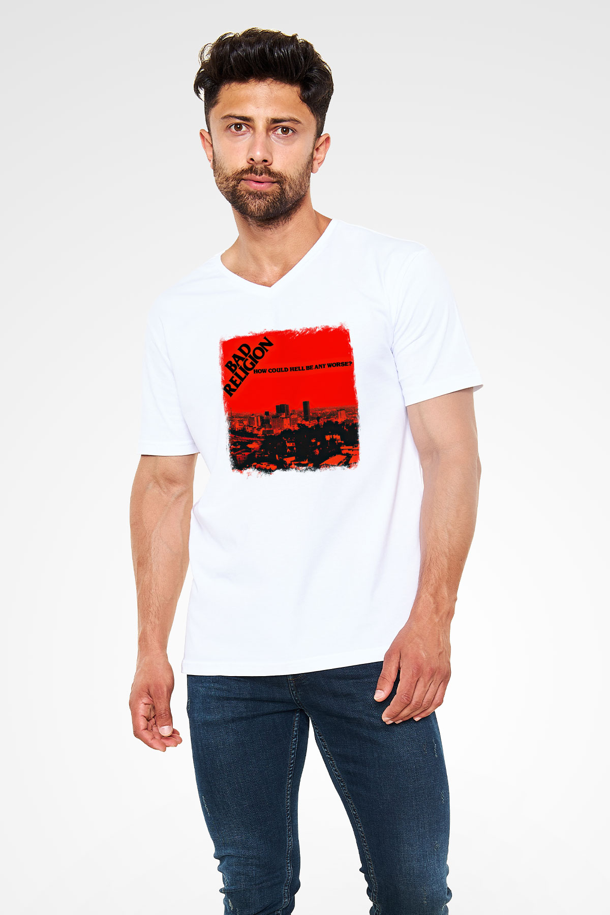 Bad Religion Baskılı Unisex Beyaz V Yaka Tişört