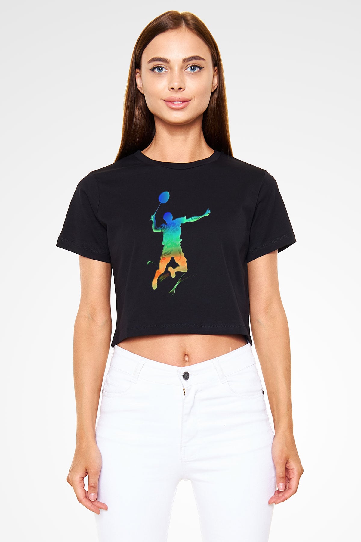 Badminton Baskılı Crop Top Siyah Kadın Tişört - Tshirt