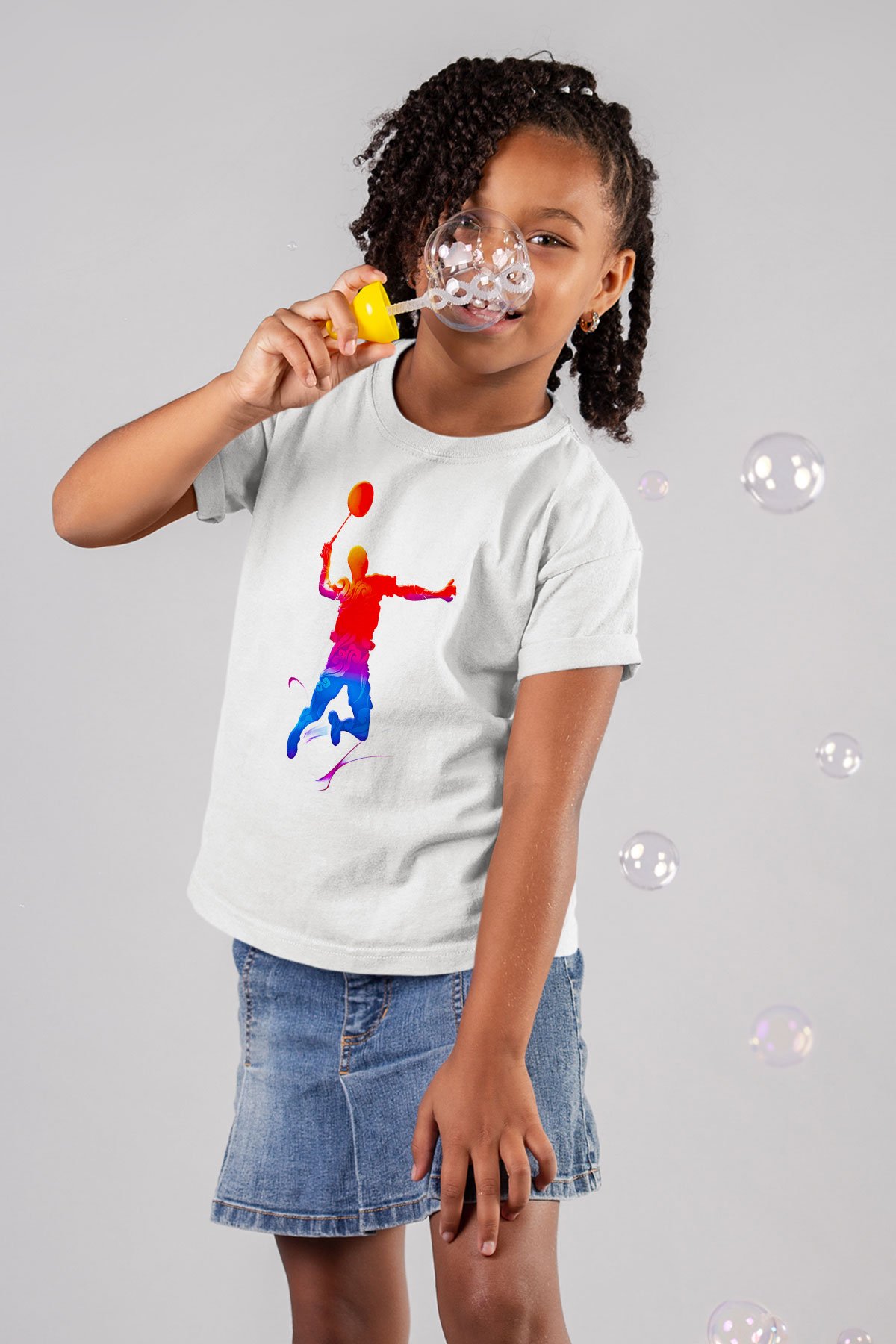 Badminton Baskılı Unisex Beyaz Çocuk Tişört - Tshirt