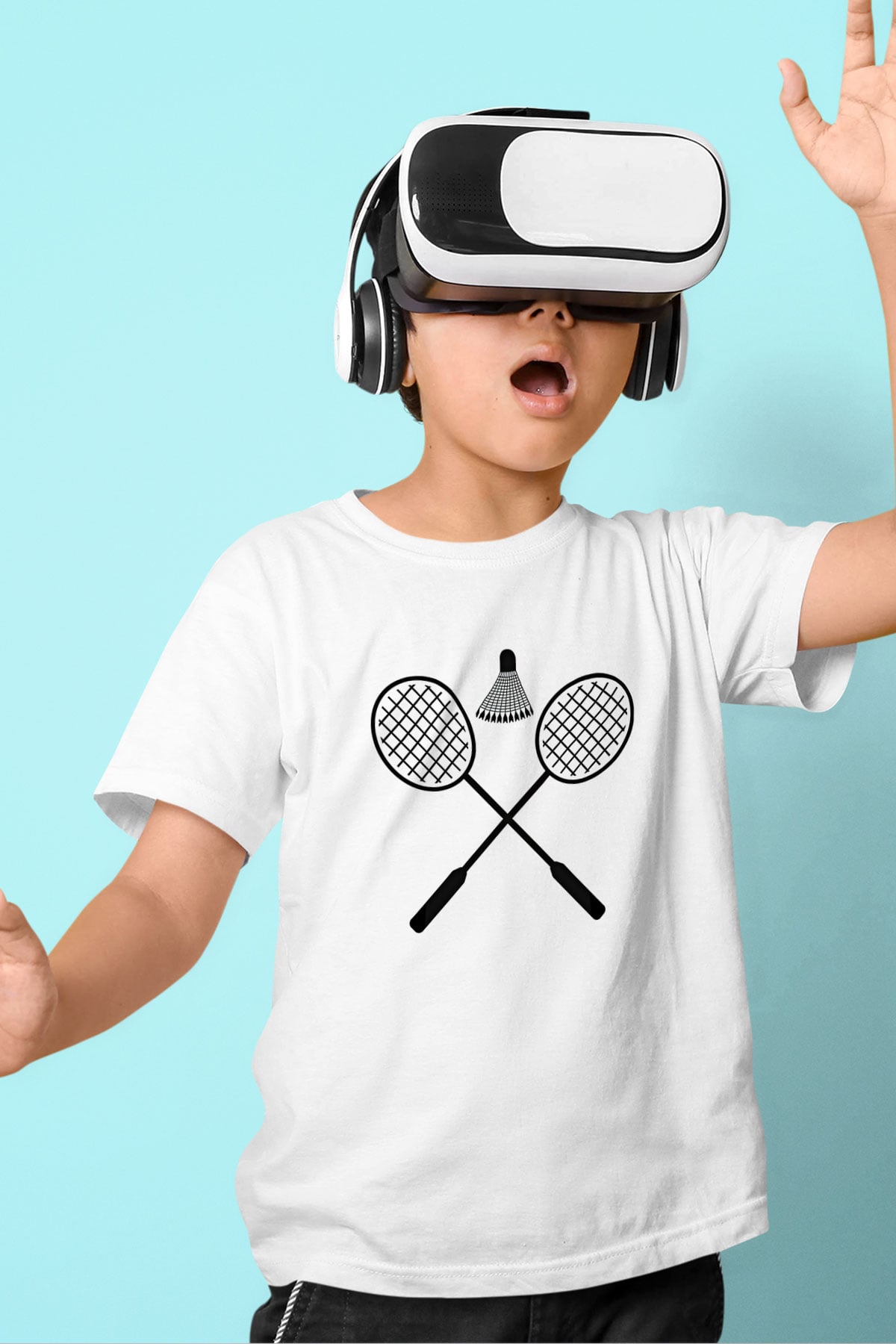 Badminton Baskılı Unisex Beyaz Çocuk Tişört - Tshirt