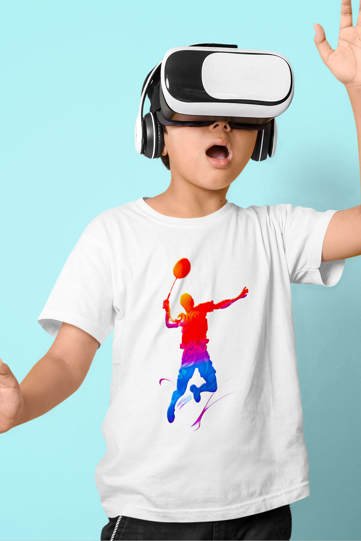 Badminton Baskılı Unisex Beyaz Çocuk Tişört - Tshirt