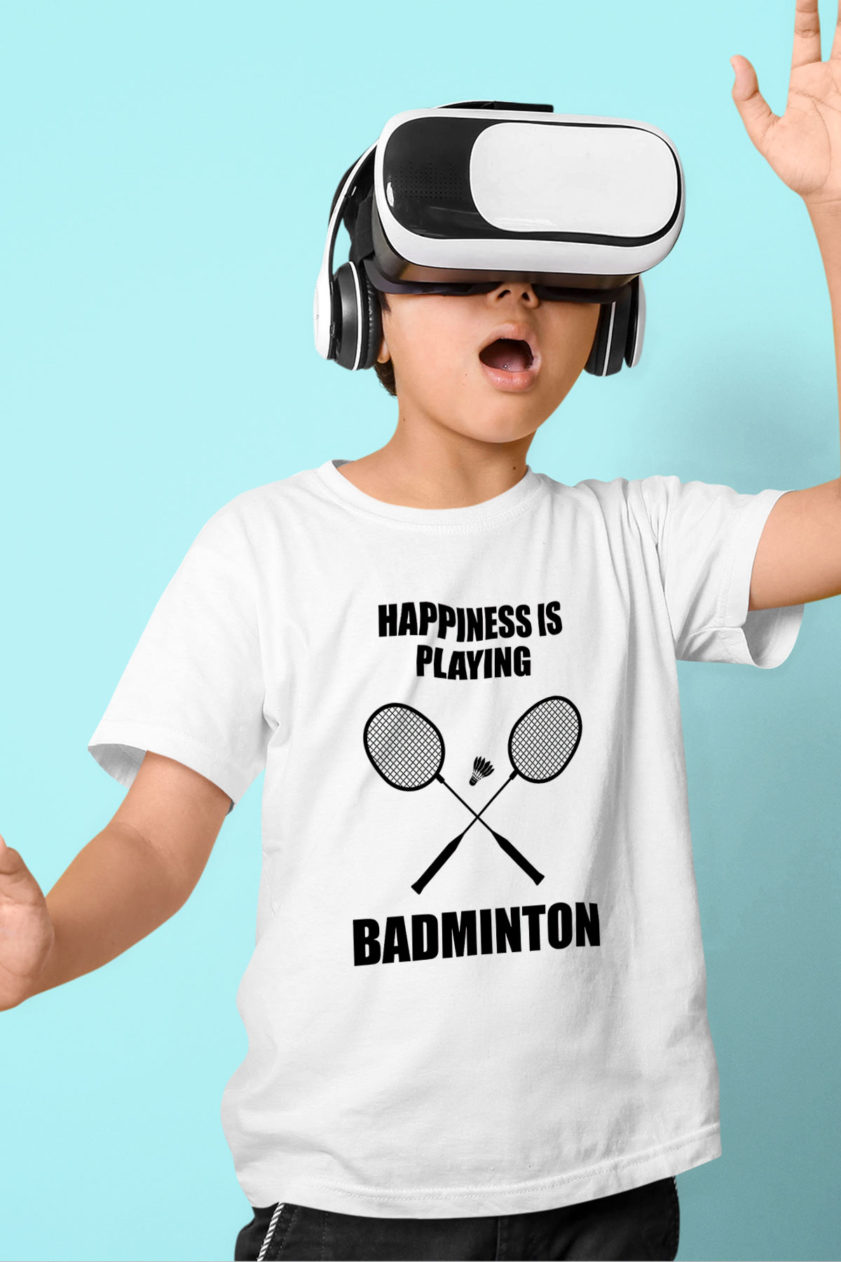 Badminton Baskılı Unisex Beyaz Çocuk Tişört - Tshirt