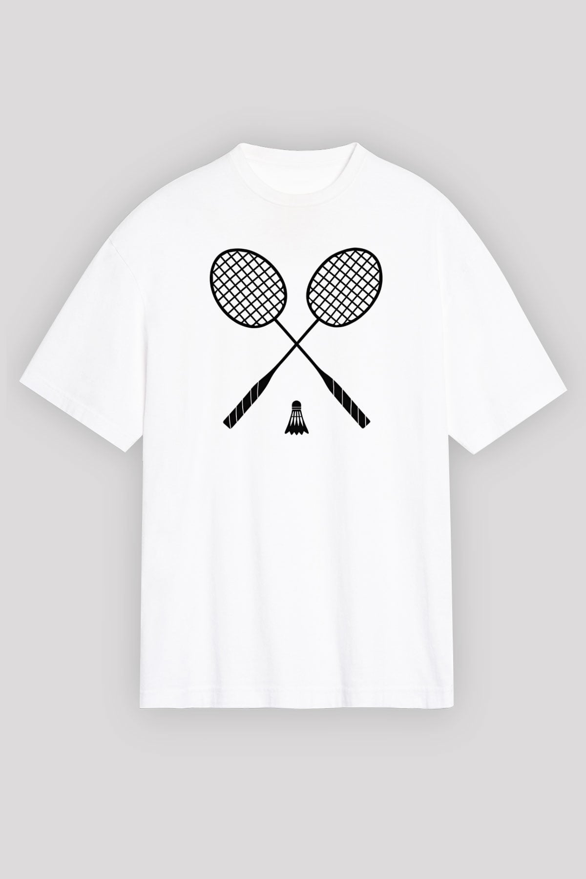 Badminton Baskılı Unisex Beyaz Oversize Tişört - Tshirt