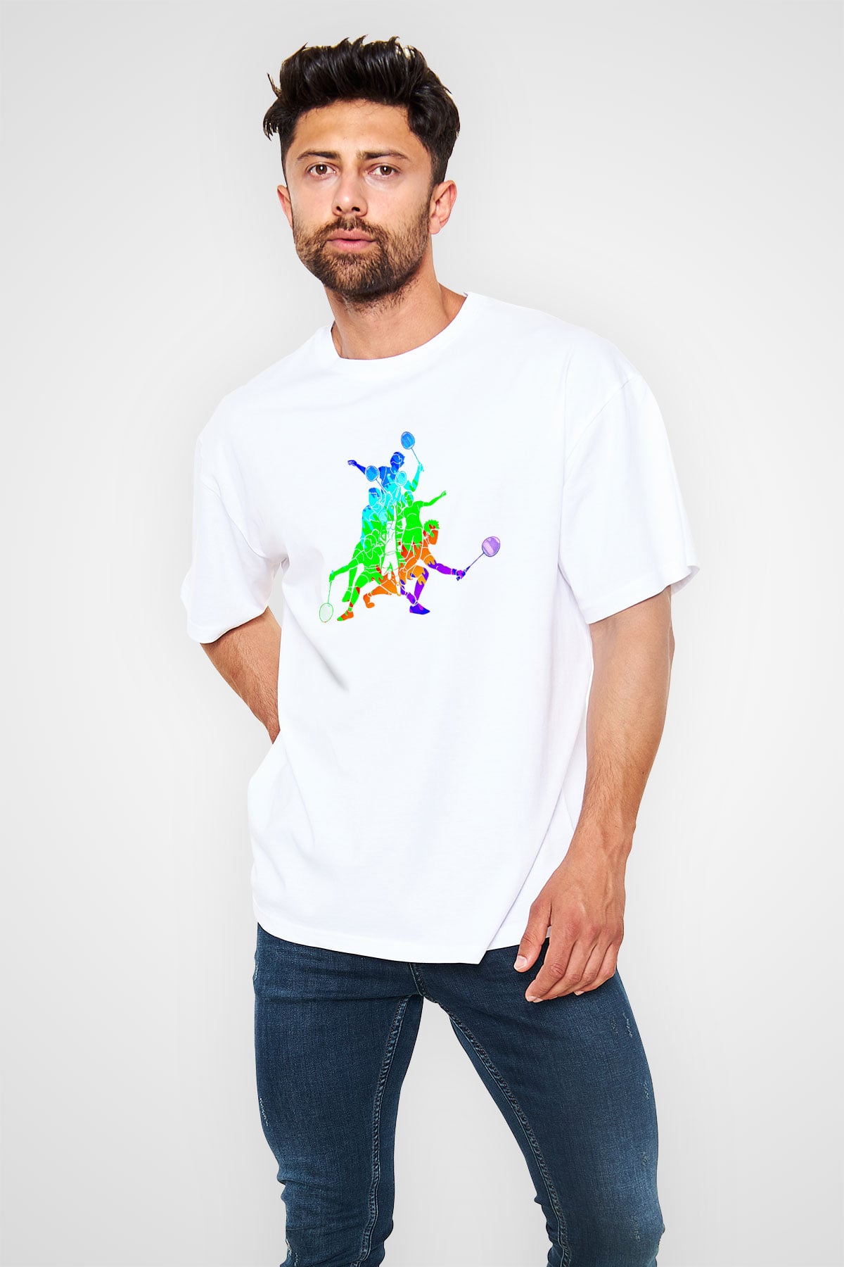 Badminton Baskılı Unisex Beyaz Oversize Tişört - Tshirt