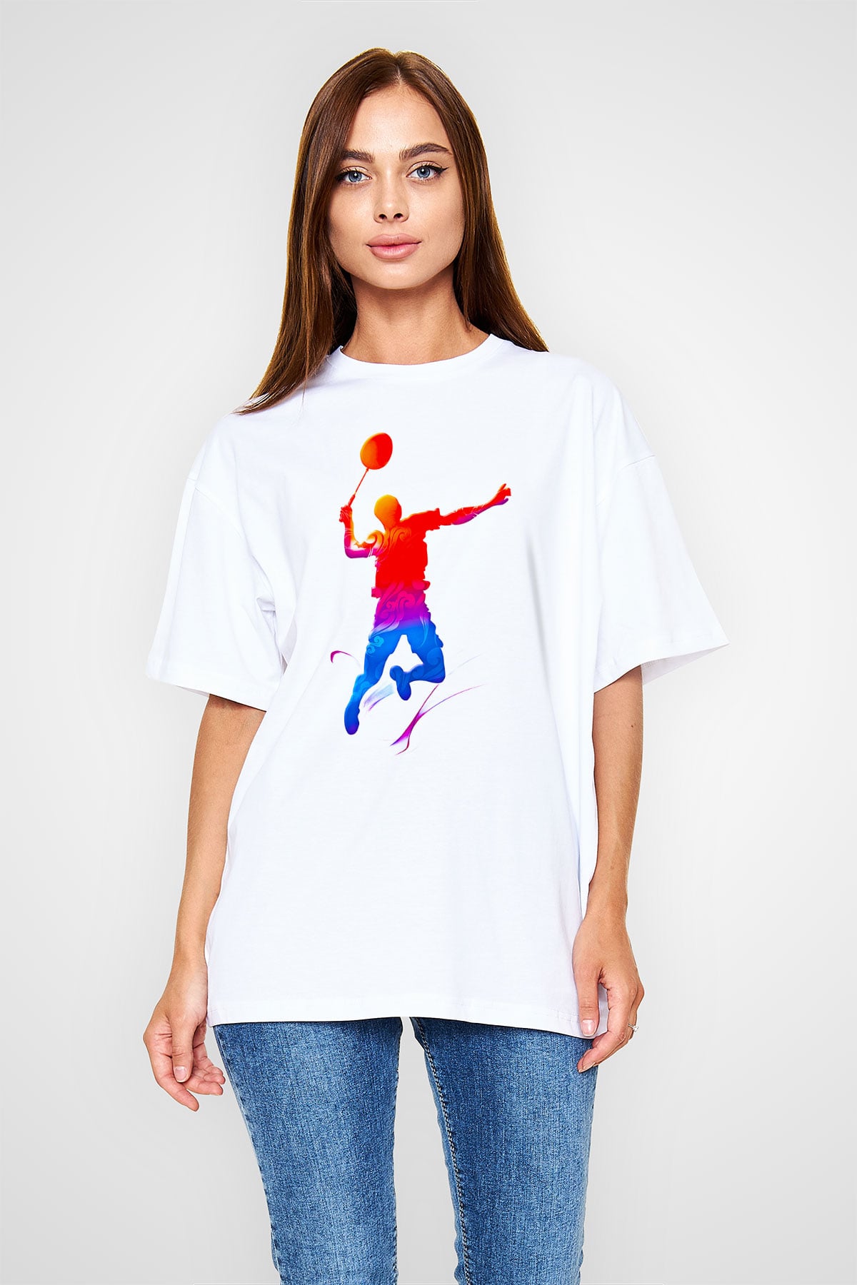 Badminton Baskılı Unisex Beyaz Oversize Tişört - Tshirt