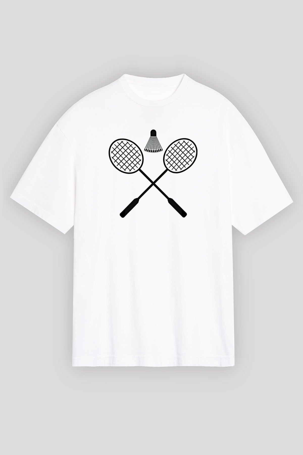 Badminton Baskılı Unisex Beyaz Oversize Tişört - Tshirt