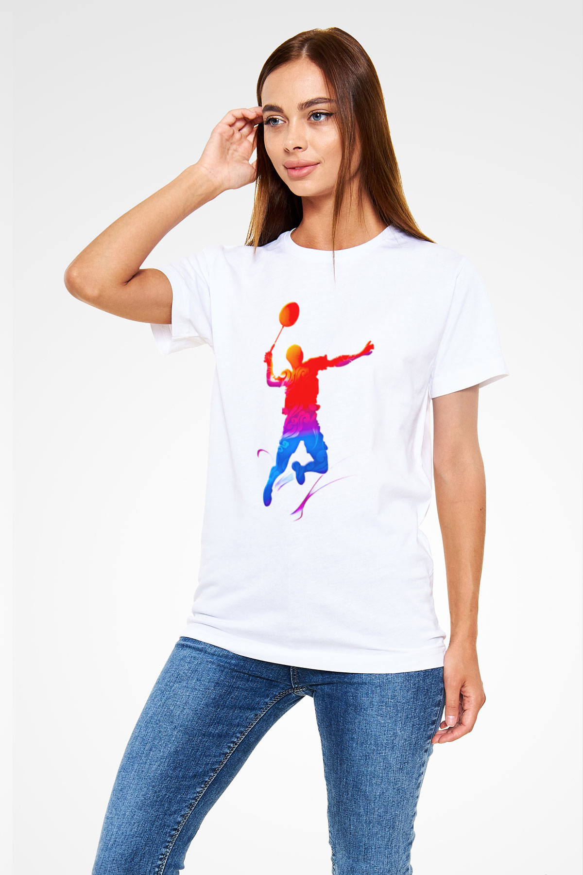 Badminton Baskılı Unisex Beyaz Tişört - Tshirt