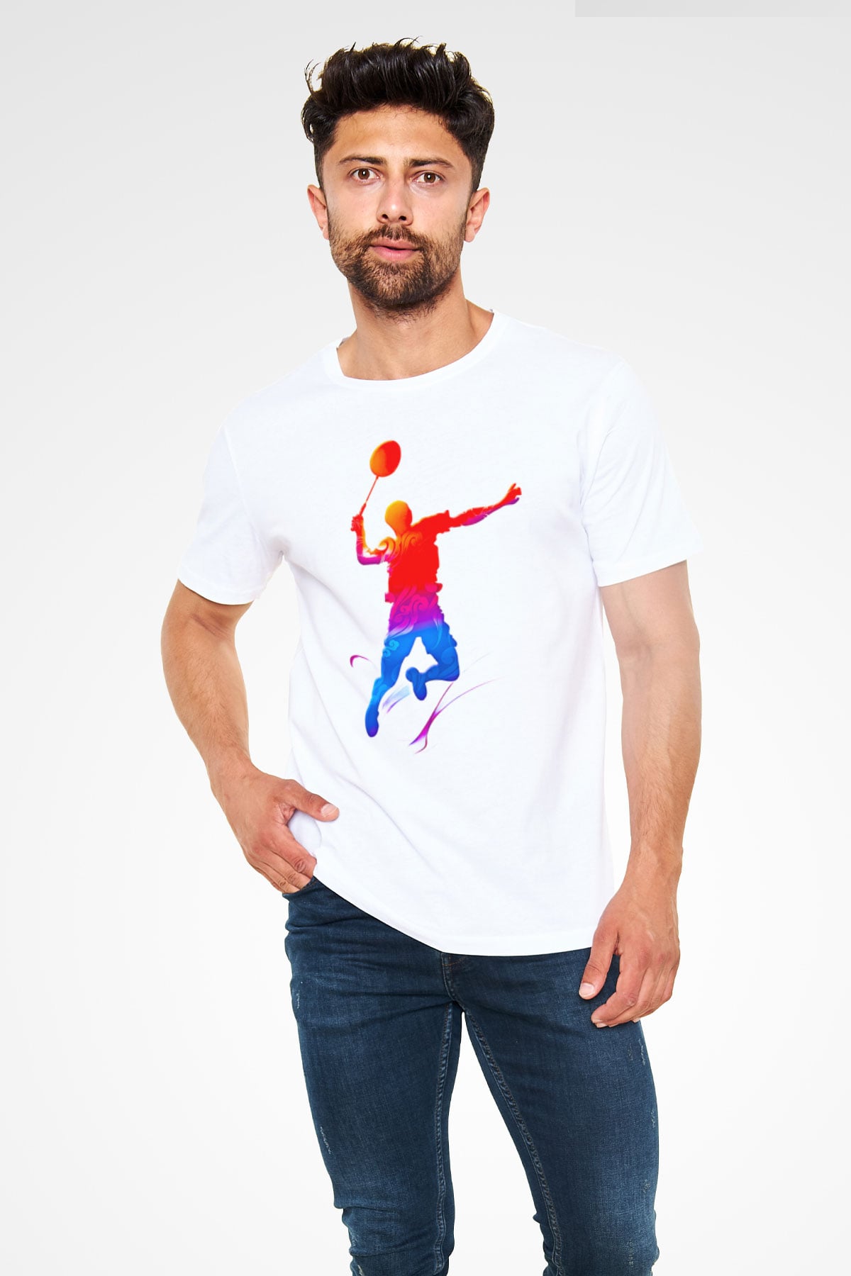 Badminton Baskılı Unisex Beyaz Tişört - Tshirt
