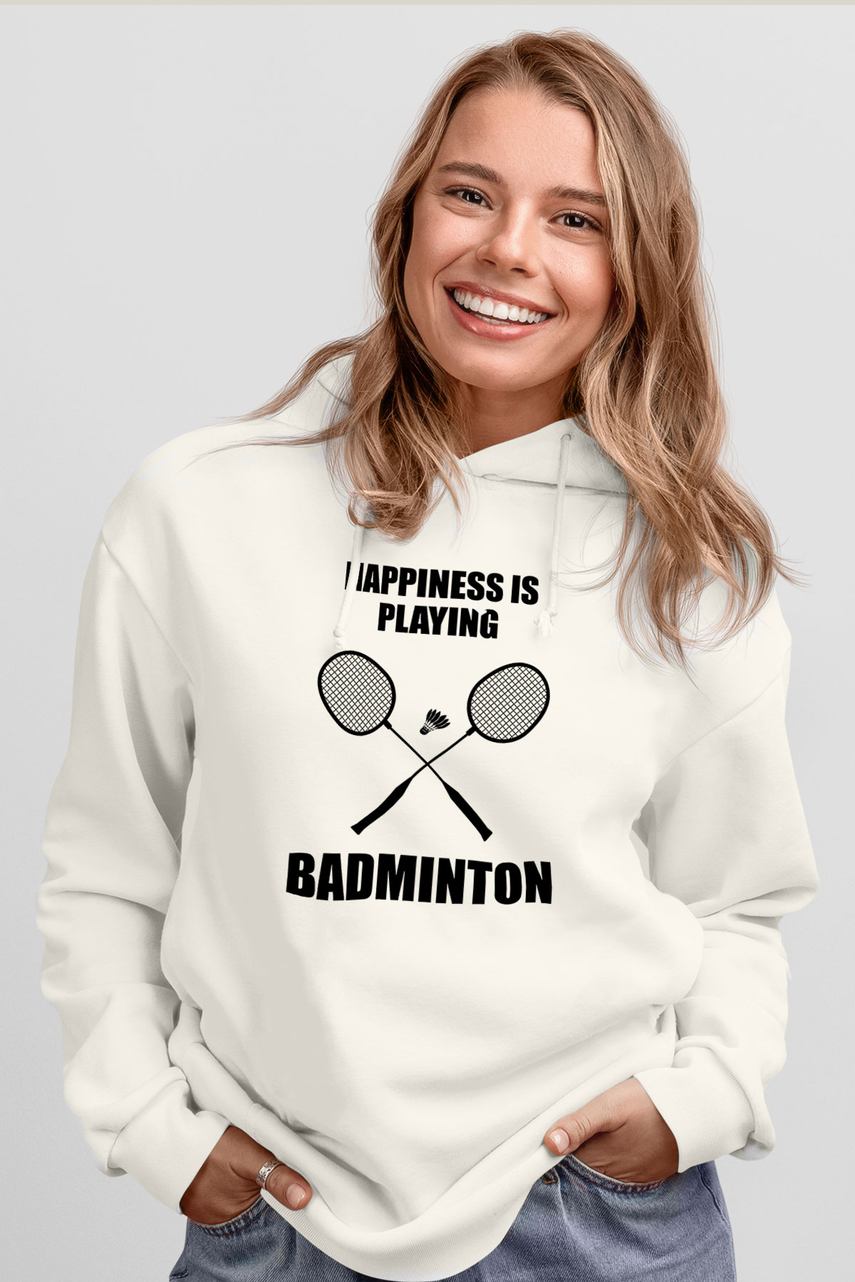 Badminton Baskılı Unisex Ekru Hoodie