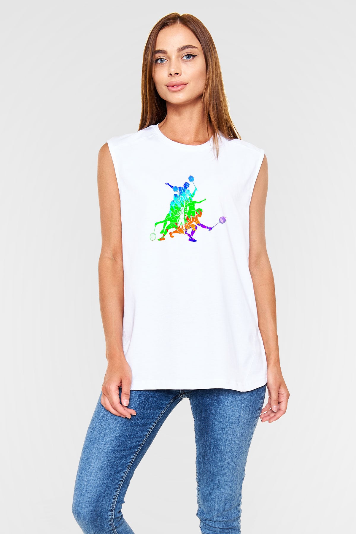 Badminton Baskılı Unisex Kolsuz Beyaz Tişört