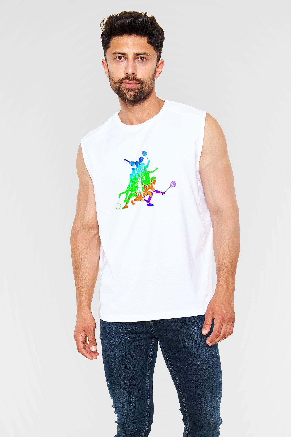 Badminton Baskılı Unisex Kolsuz Beyaz Tişört