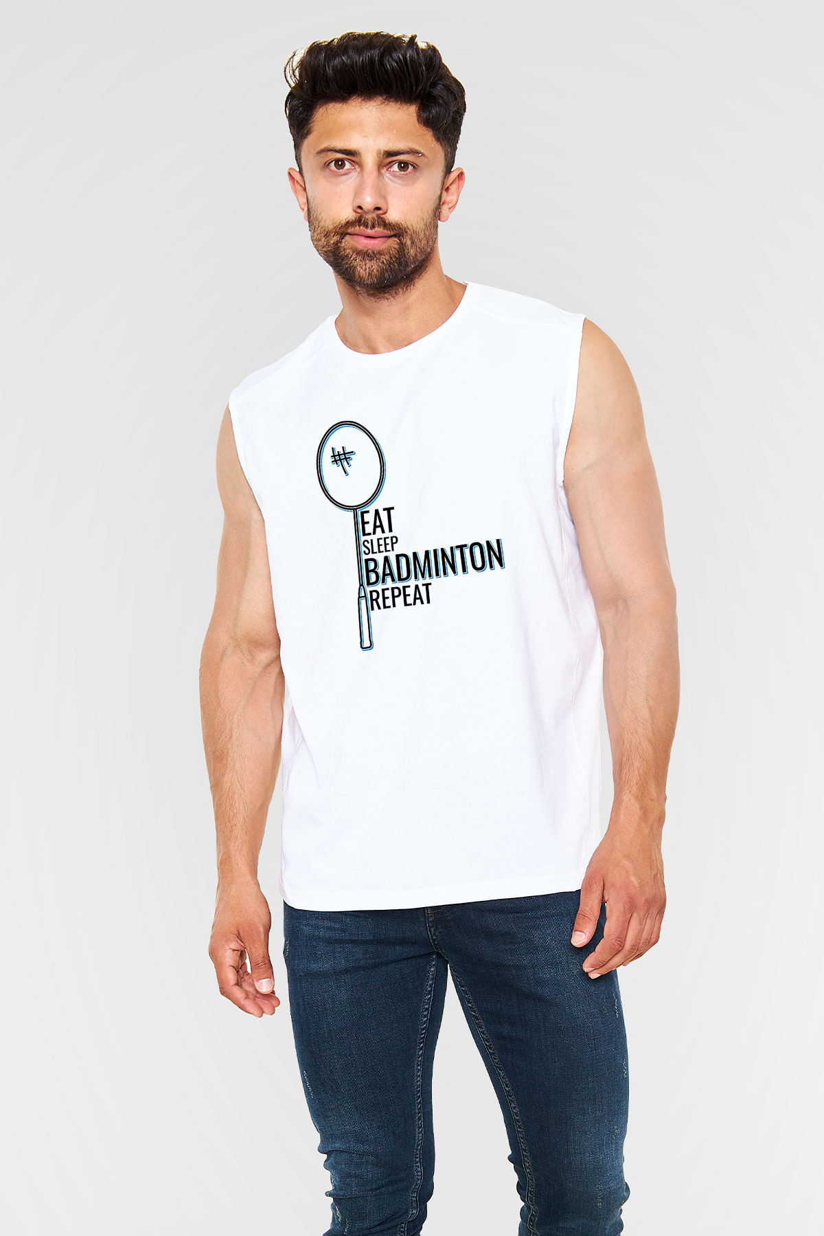 Badminton Baskılı Unisex Kolsuz Beyaz Tişört