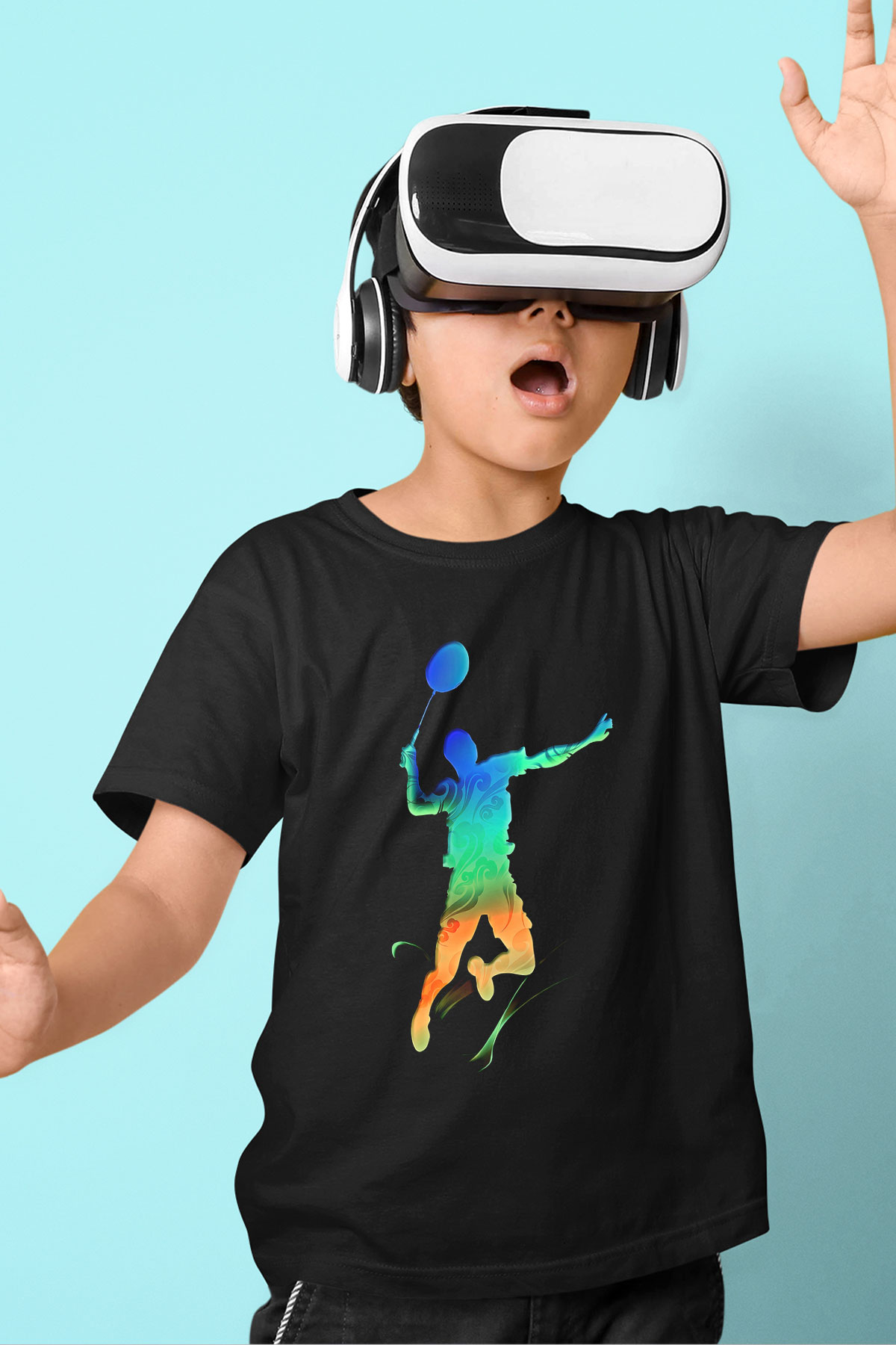 Badminton Baskılı Unisex Siyah Çocuk Tİşörtü - Tshirt