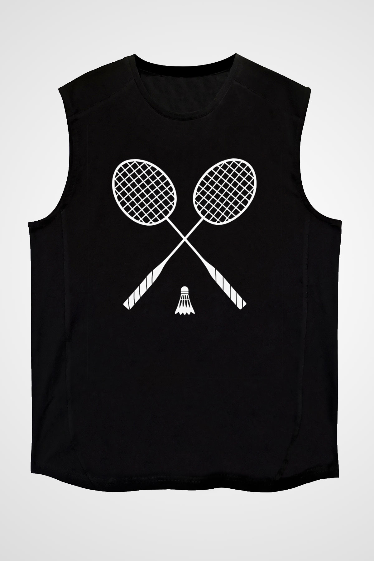 Badminton Baskılı Unisex Siyah Kolsuz Tişört