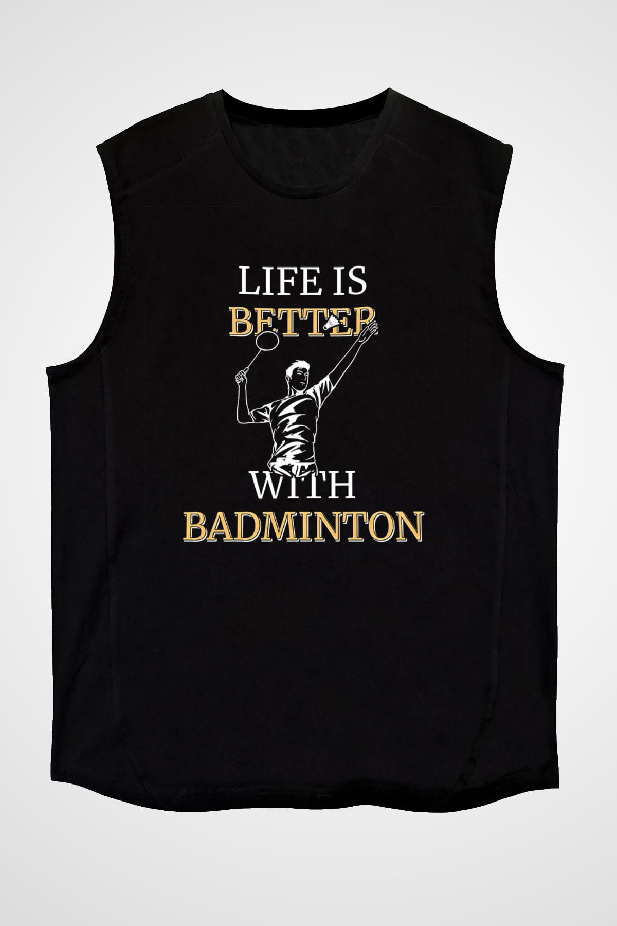 Badminton Baskılı Unisex Siyah Kolsuz Tişört