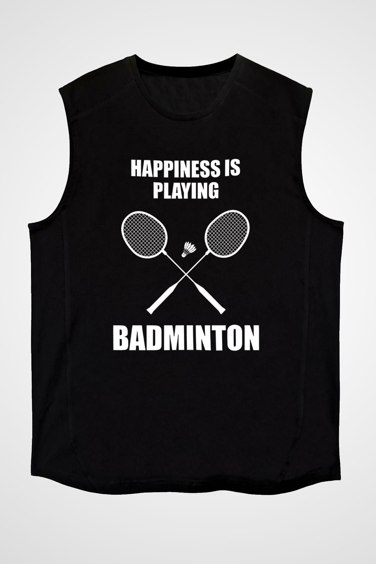 Badminton Baskılı Unisex Siyah Kolsuz Tişört
