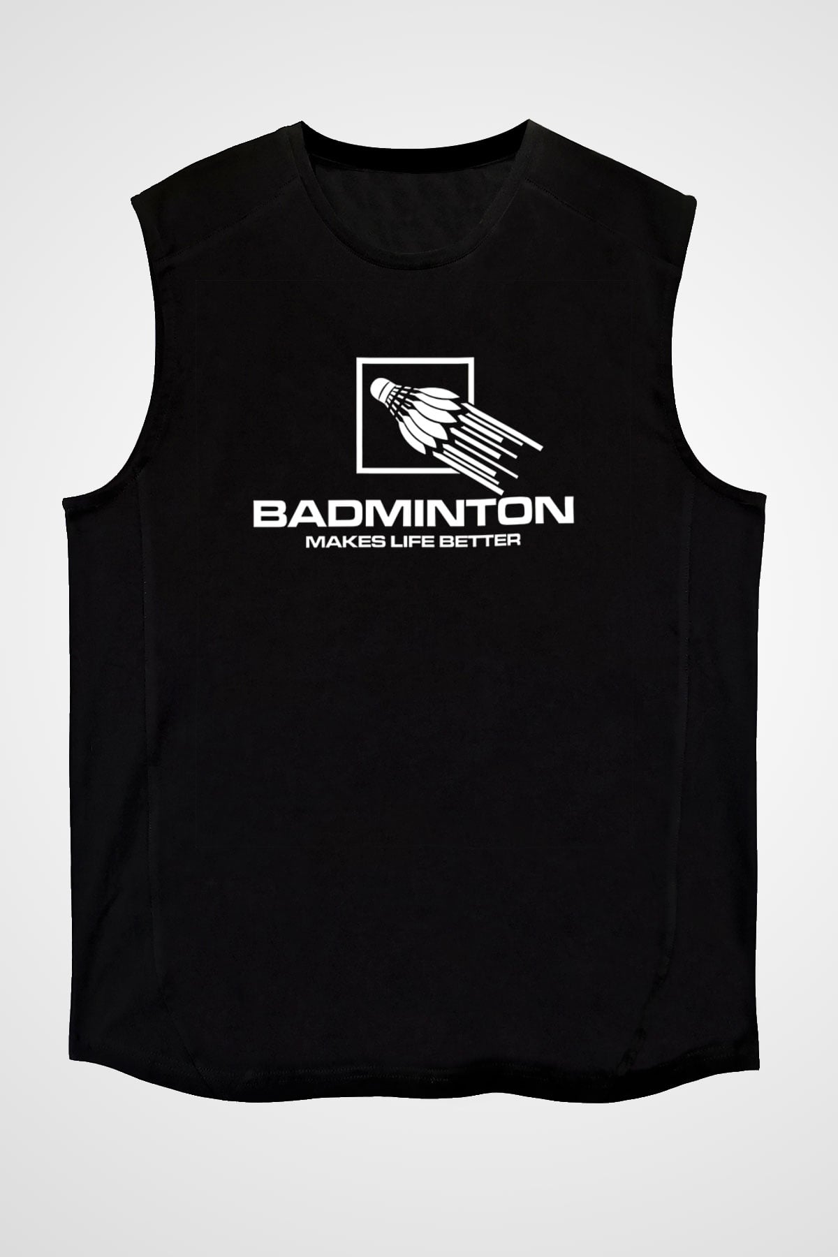 Badminton Baskılı Unisex Siyah Kolsuz Tişört