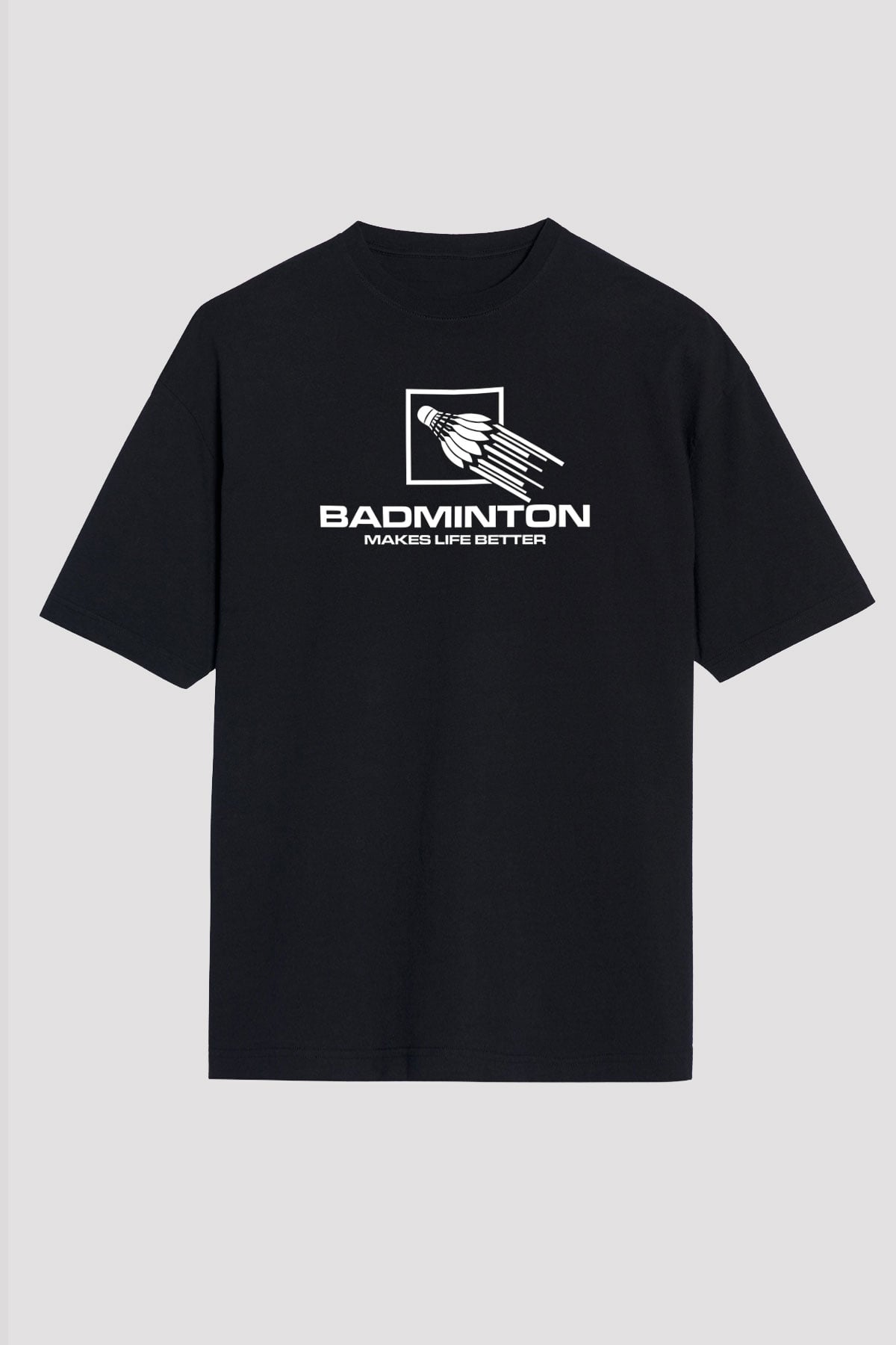 Badminton Baskılı Unisex Siyah Oversize Tişört