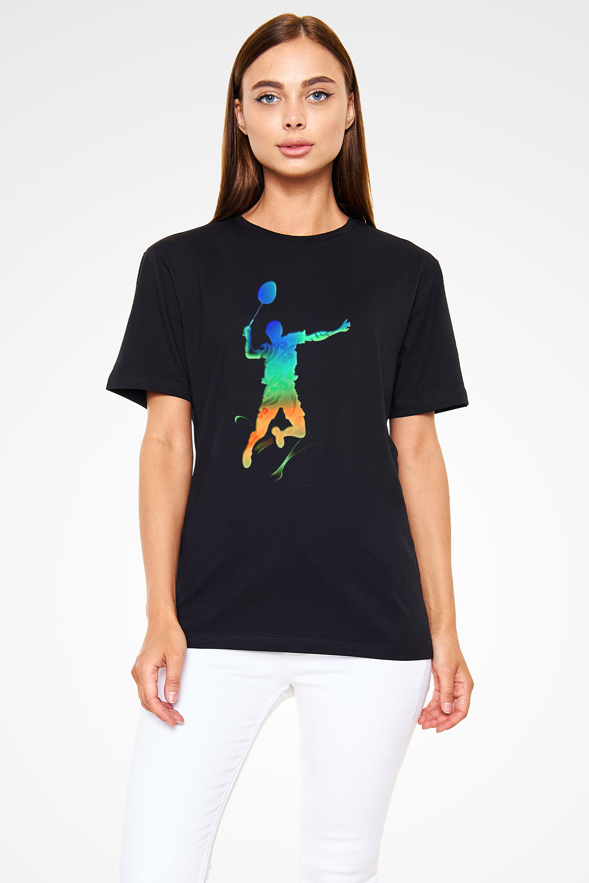 Badminton Baskılı Unisex Siyah Tişört - Tshirt