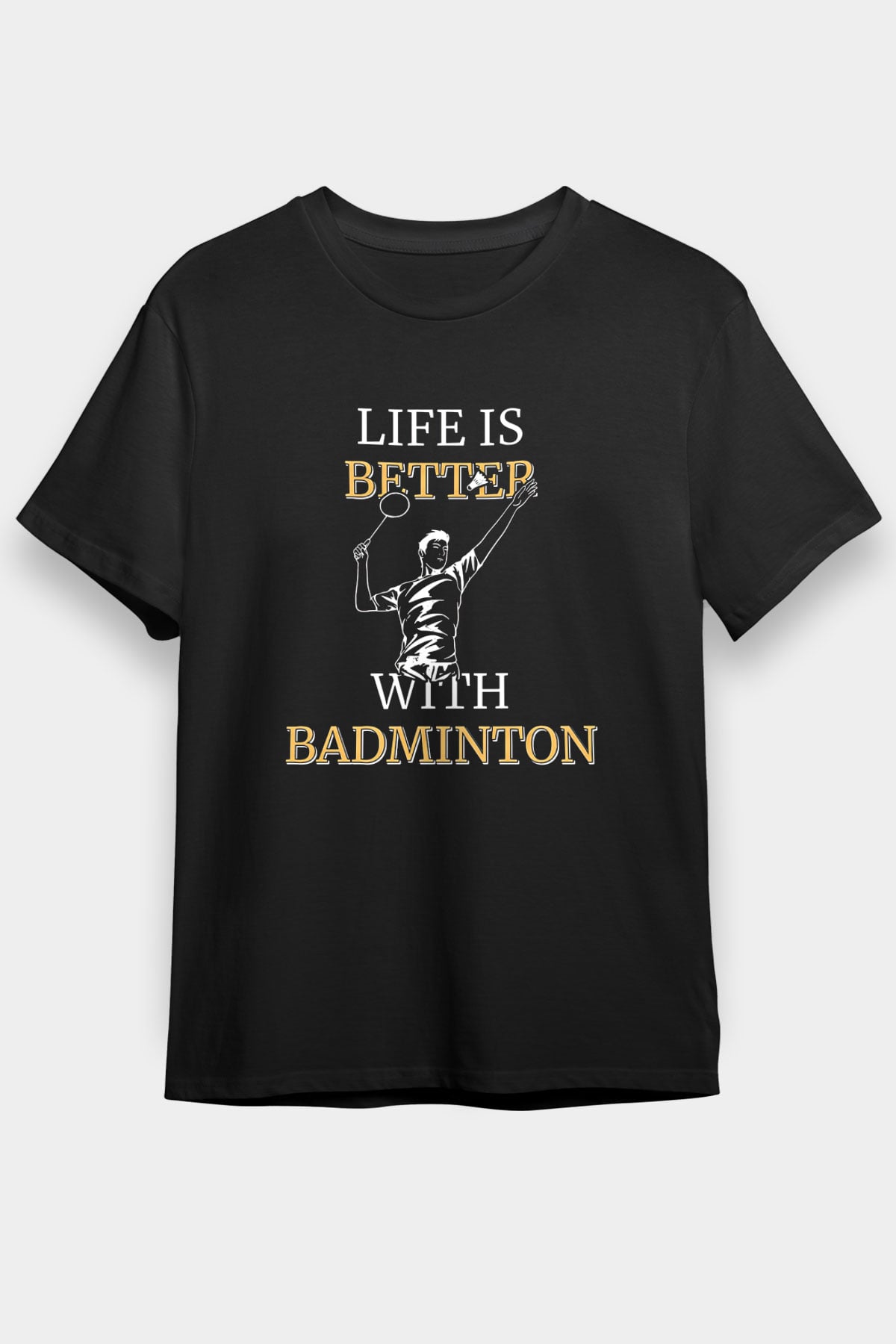 Badminton Baskılı Unisex Siyah Tişört - Tshirt