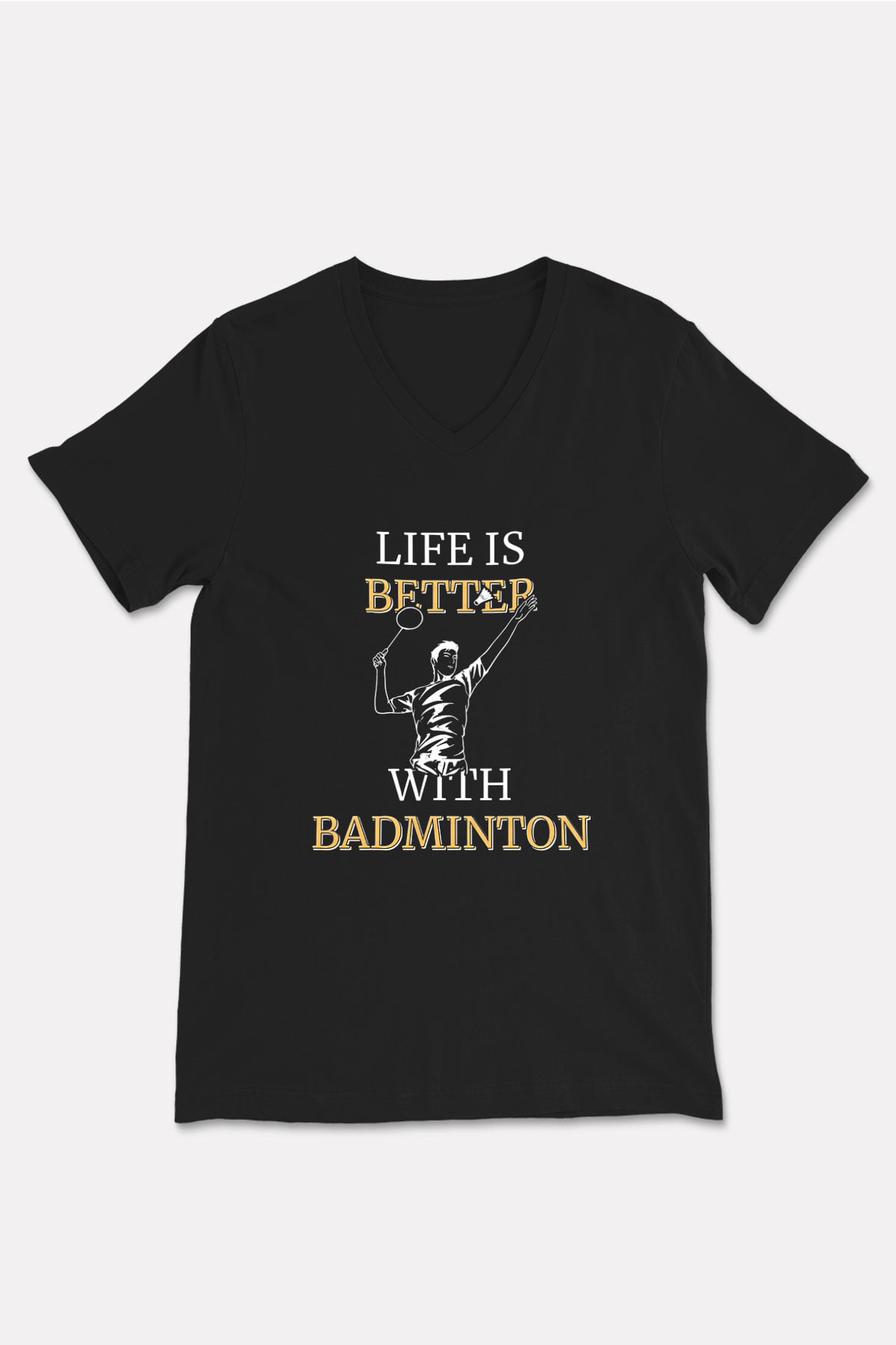 Badminton Baskılı Unisex Siyah V Yaka Tişört