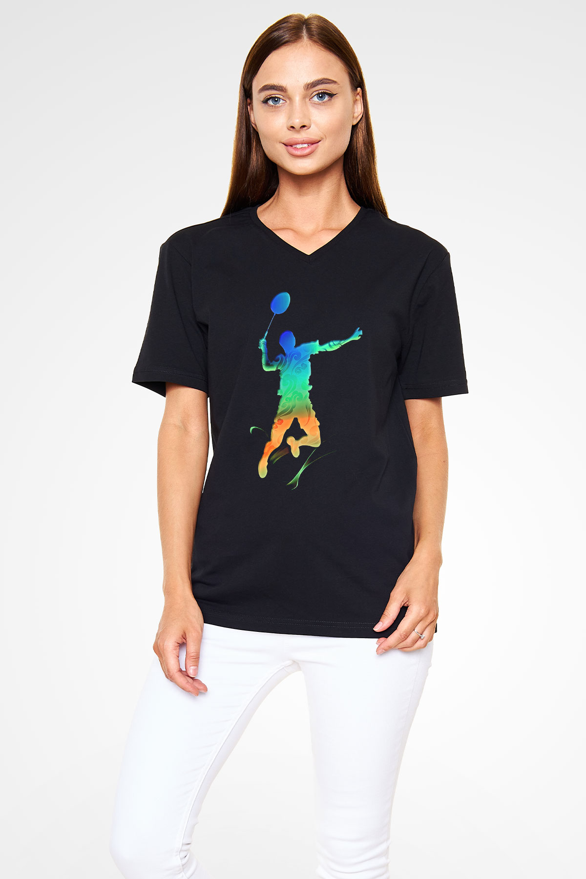 Badminton Baskılı Unisex Siyah V Yaka Tişört