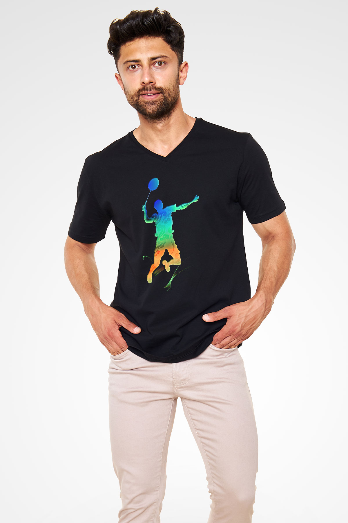 Badminton Baskılı Unisex Siyah V Yaka Tişört